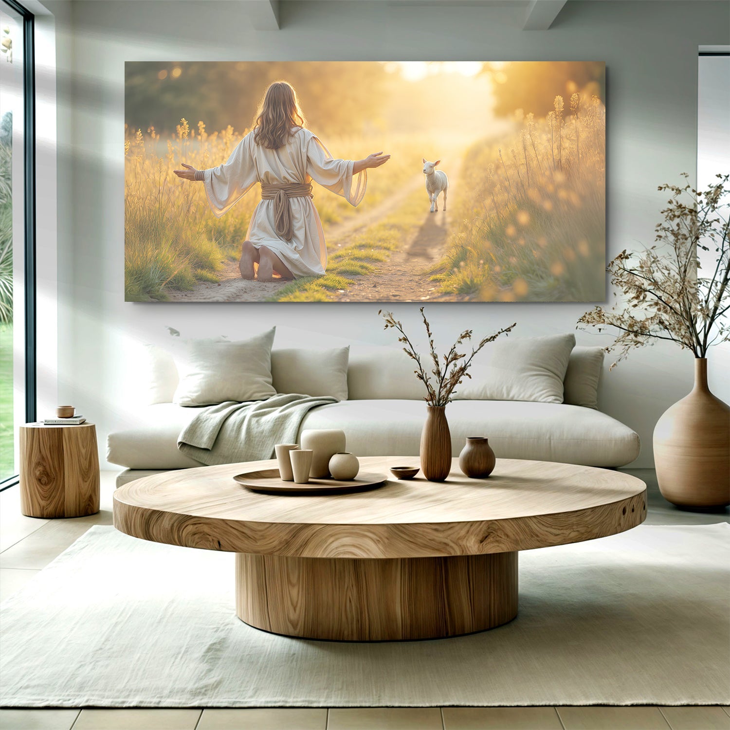 Canvas wall art featuring Jesus protecting a lamb from wolves, by Tailored Canvases, with detailed religious imagery.
