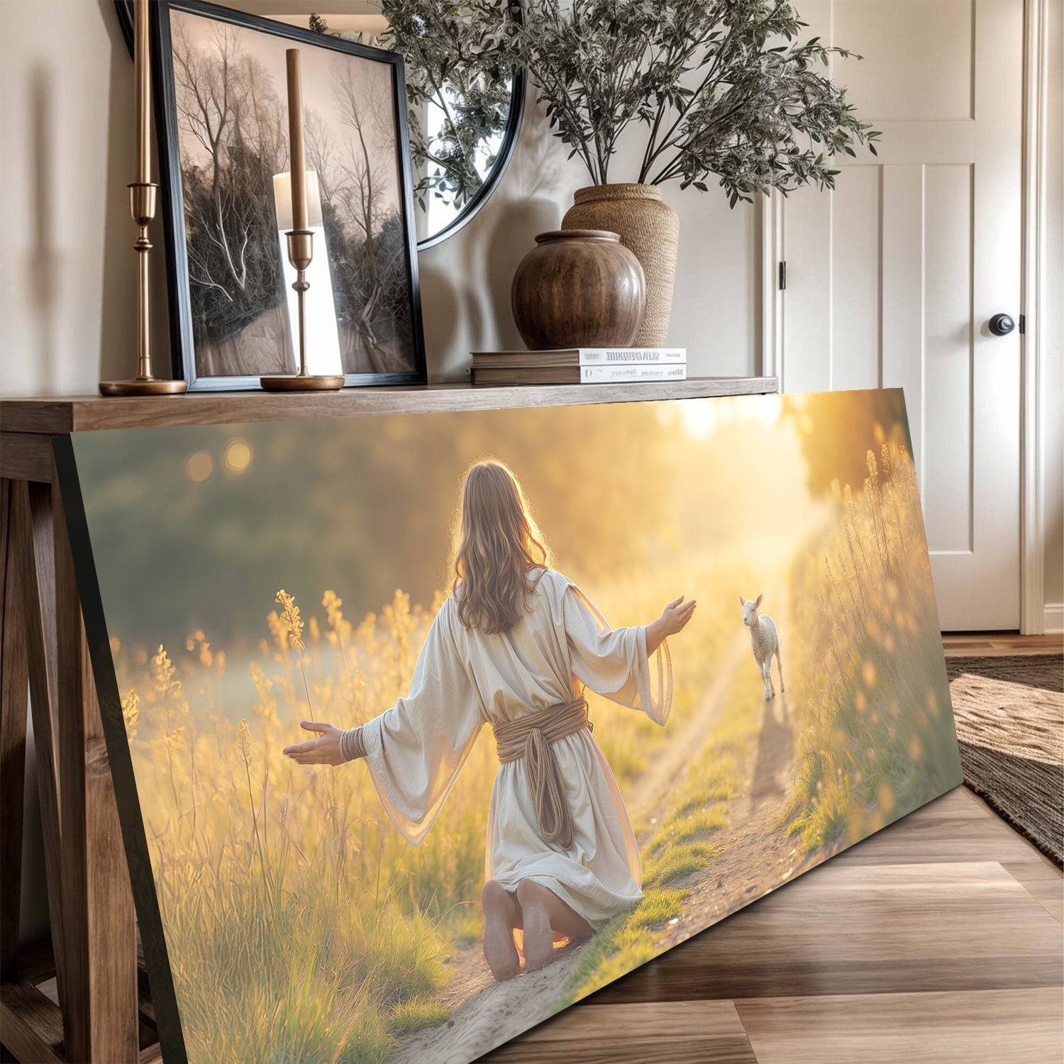 Canvas wall art titled "Jesus Protects The Lamb From Wolves" by Tailored Canvases, depicting a religious scene with Jesus and a lamb.