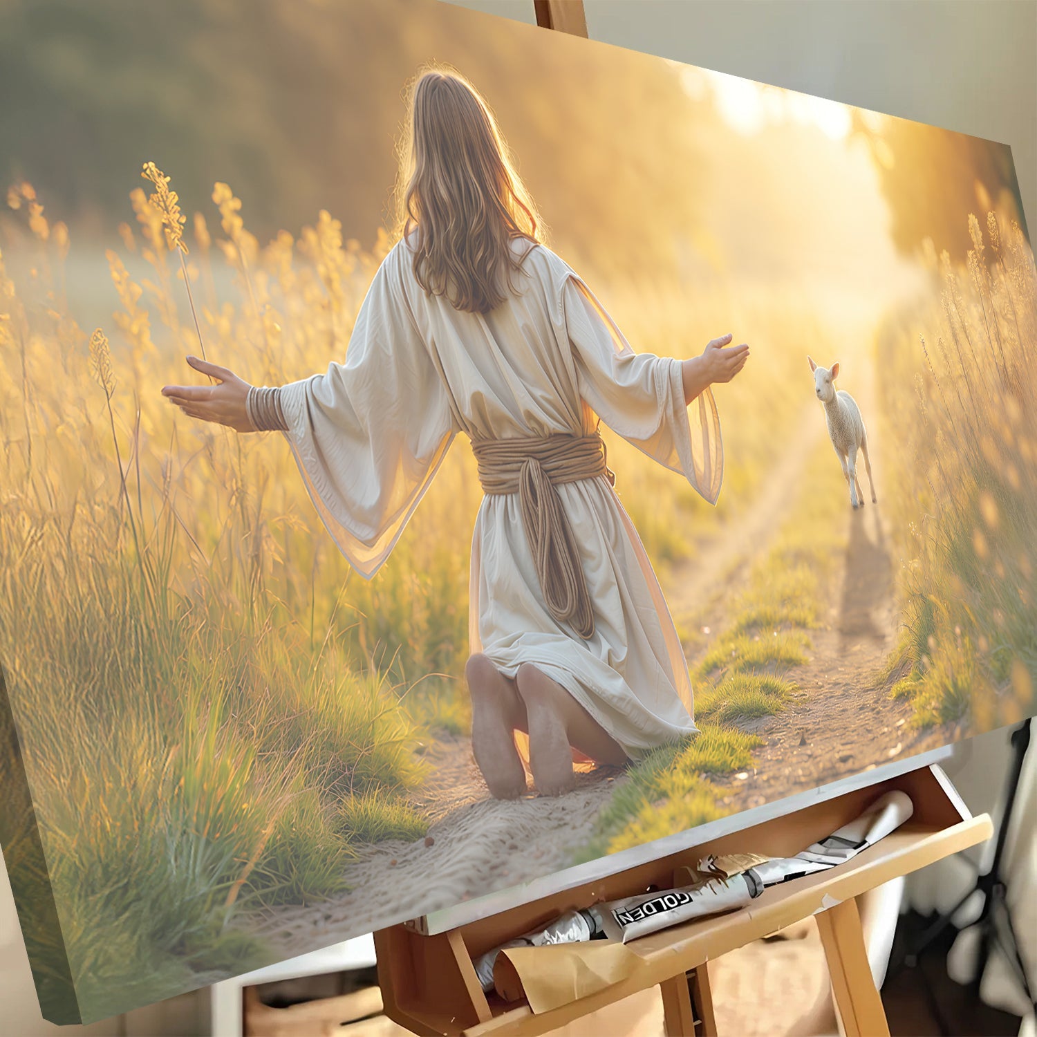 Canvas wall art featuring Jesus protecting the lamb from wolves, with inspirational religious imagery by Tailored Canvases.