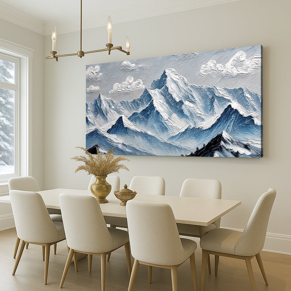 Minimalist mountain landscape canvas wall art by Tailored Canvases, featuring sleek mountain silhouettes on a neutral background.