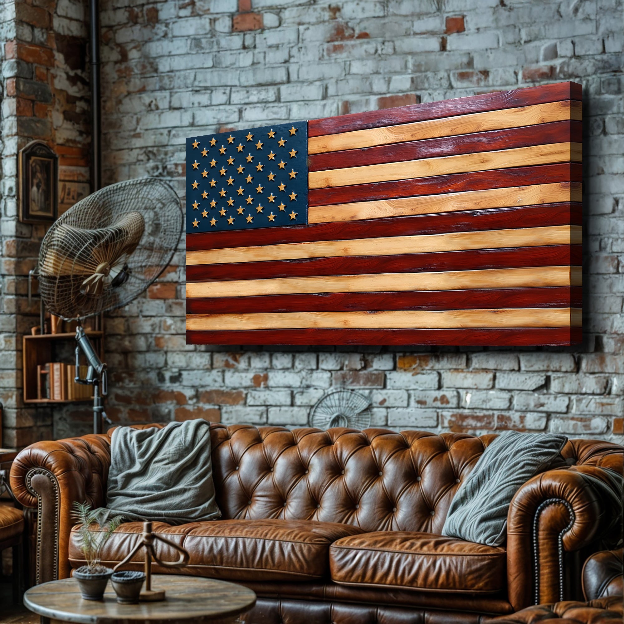 American flag wall art on canvas featuring bold red, white, and blue stripes with stars, by Tailored Canvases.