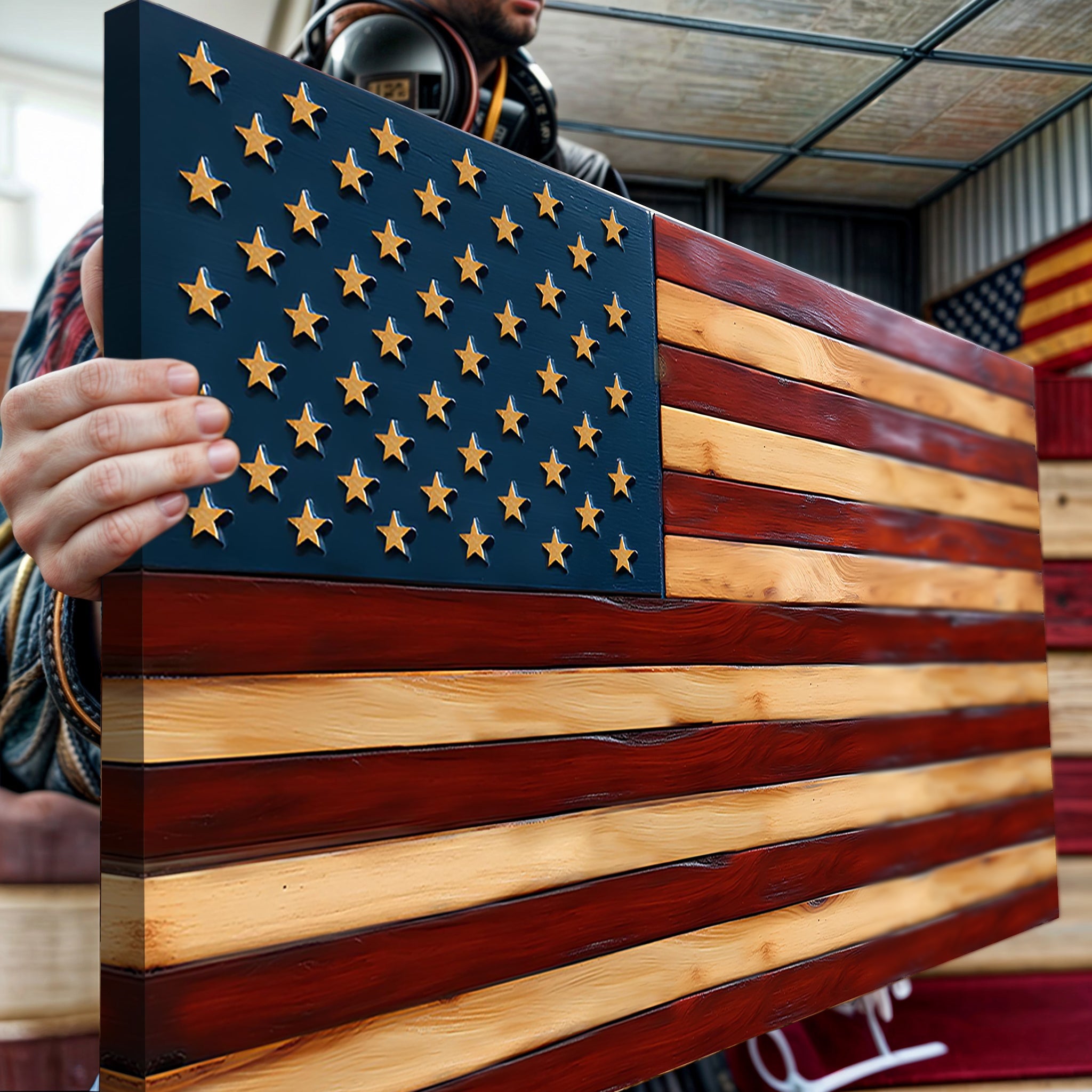 American flag wall art on canvas by Tailored Canvases, featuring a patriotic design with vibrant red, white, and blue colors.
