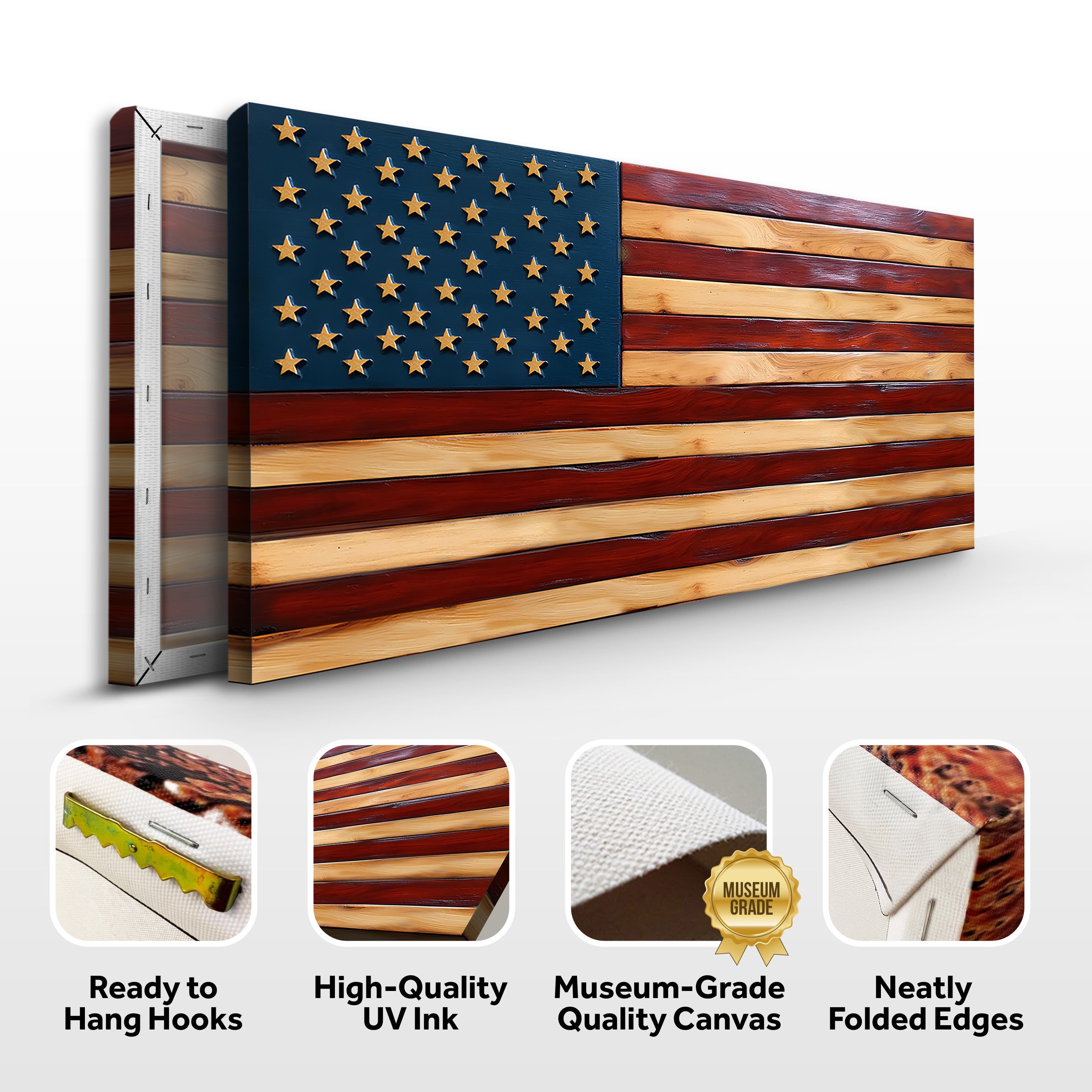American flag wall art canvas by Tailored Canvases, featuring bold red, white, and blue stripes with star details.