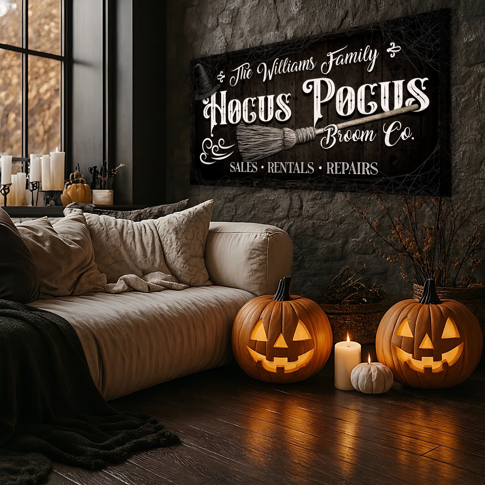 Personalized Hocus Pocus Broom Co. canvas wall sign with spooky design, featuring custom text for Halloween decor by Tailored Canvases.