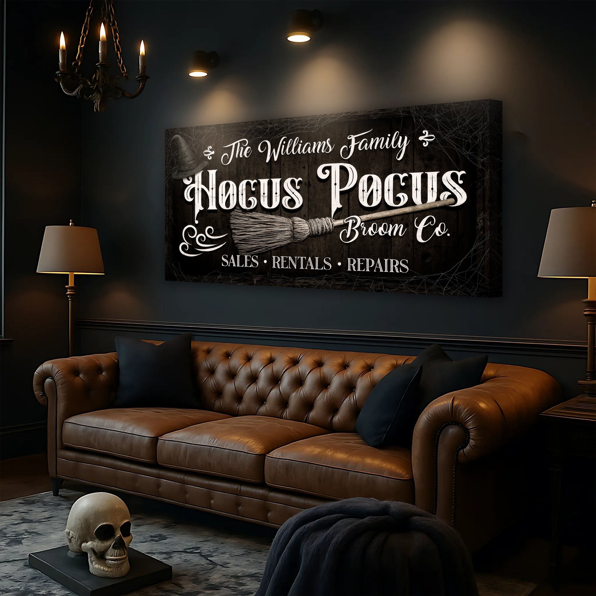 Personalized Hocus Pocus Broom Co. wall sign on canvas featuring spooky Halloween design and custom text, from Tailored Canvases.