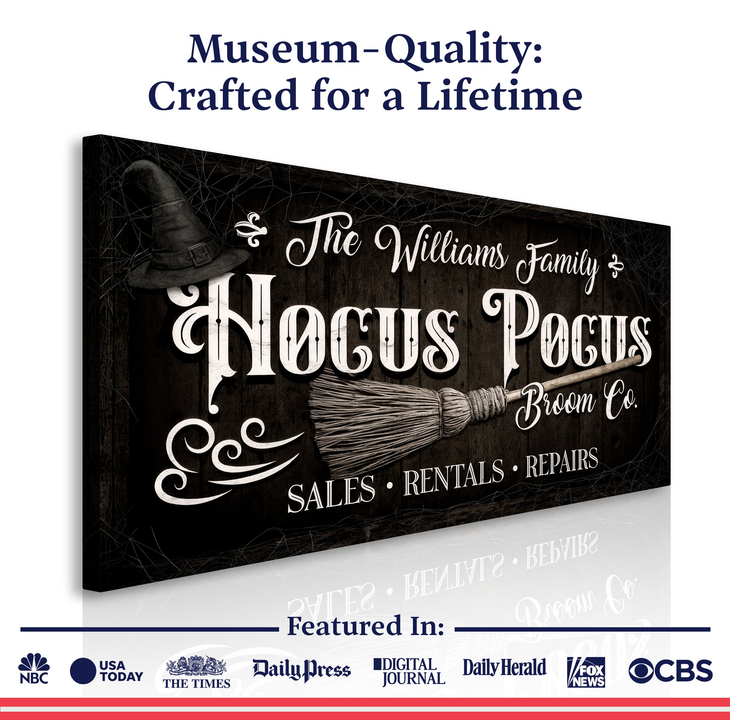 Personalized Hocus Pocus Broom Co. wall sign on canvas by Tailored Canvases, featuring themed witchcraft design and custom text.