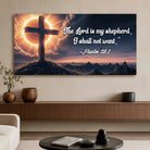 Canvas faith sign featuring Psalm 23:1 "The Lord Is My Shepherd I Shall Not Want" with inspirational scripture design.
