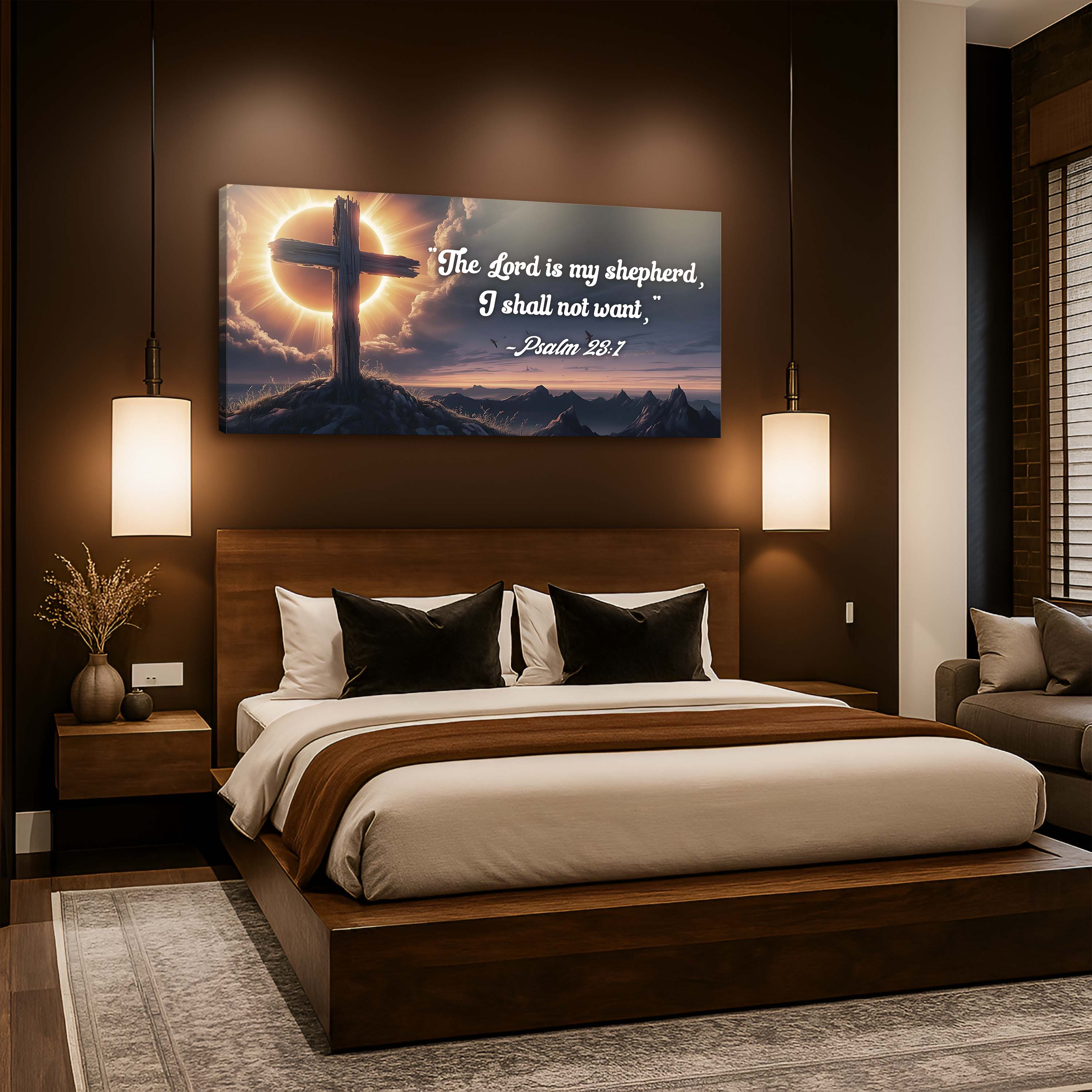 Canvas wall art featuring Psalm 23:1 "The Lord Is My Shepherd I Shall Not Want" by Tailored Canvases, with a serene pastoral design.