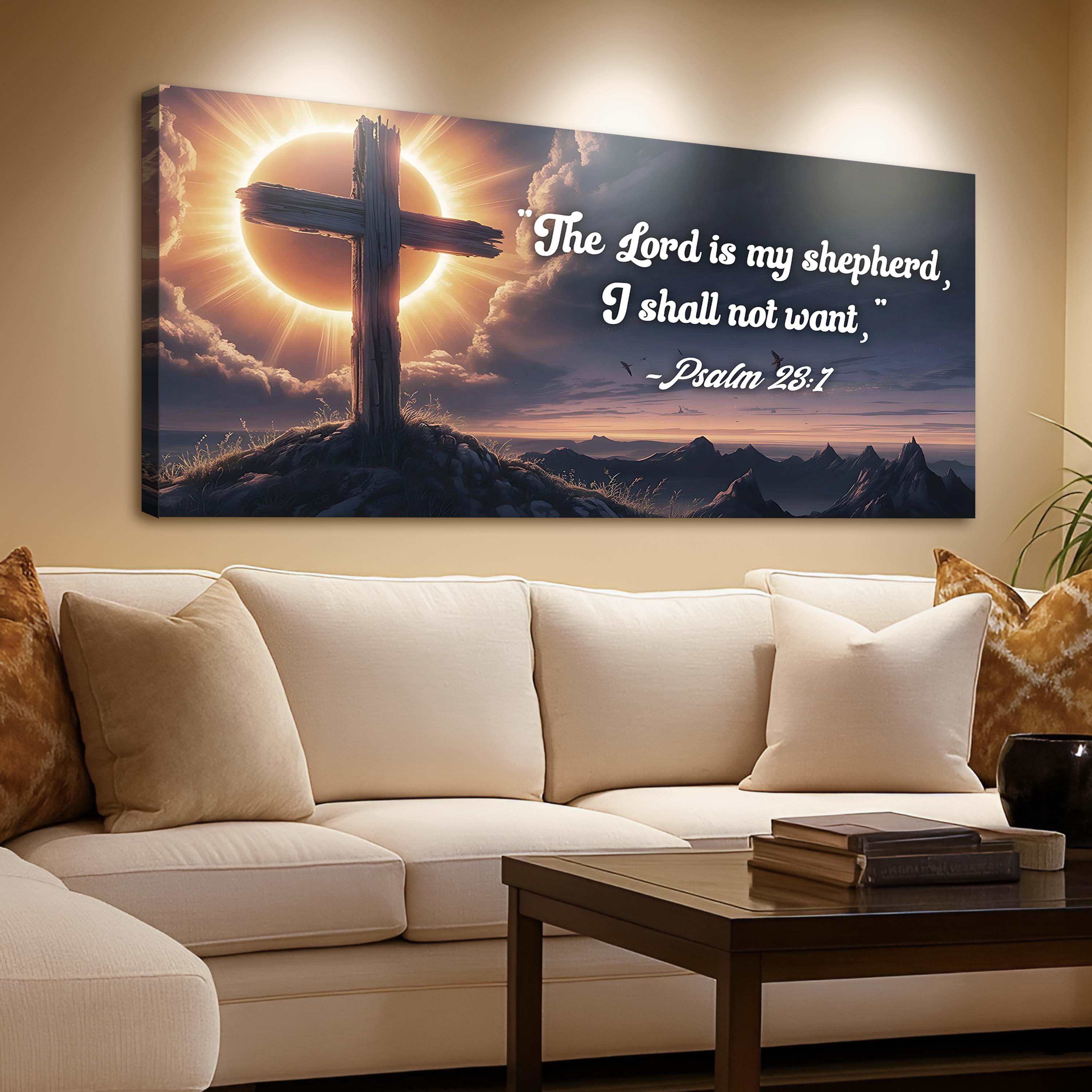 Canvas wall art featuring Psalm 23:1 "The Lord Is My Shepherd" quote, designed by Tailored Canvases with a faith-themed print.