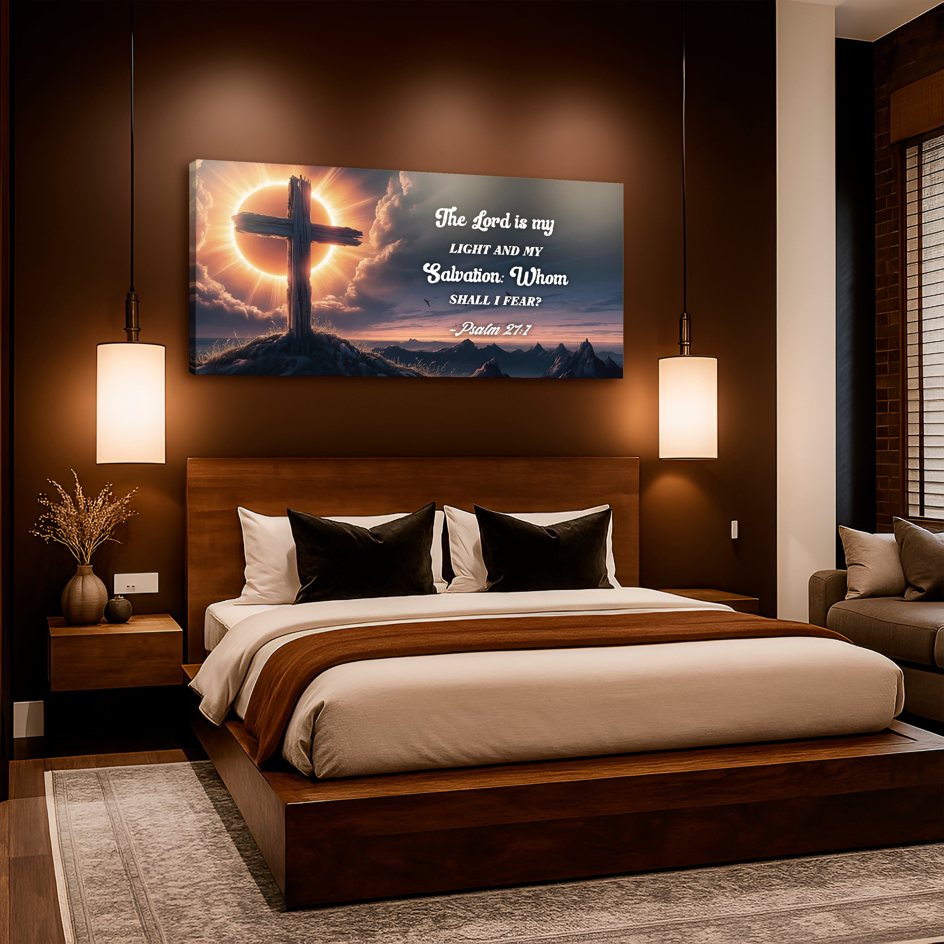 Canvas wall art featuring Psalm 27:1, "The Lord Is My Light and My Salvation," with elegant typography by Tailored Canvases.