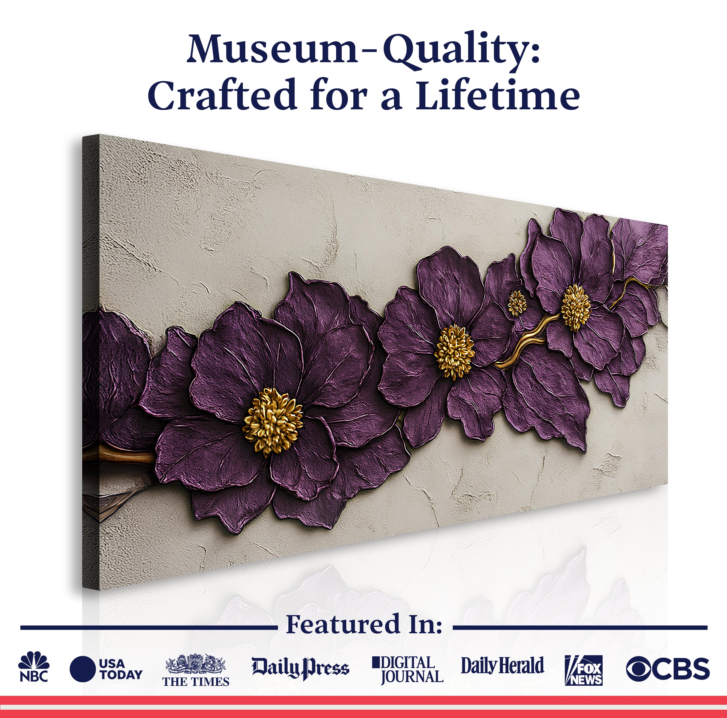 Purple flower canvas wall art by Tailored Canvases featuring a vibrant purple floral design on a textured canvas.