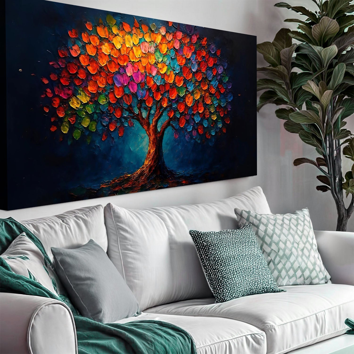 Colorful rainbow bloom wall art on canvas by Tailored Canvases, featuring vibrant floral design against a white background.
