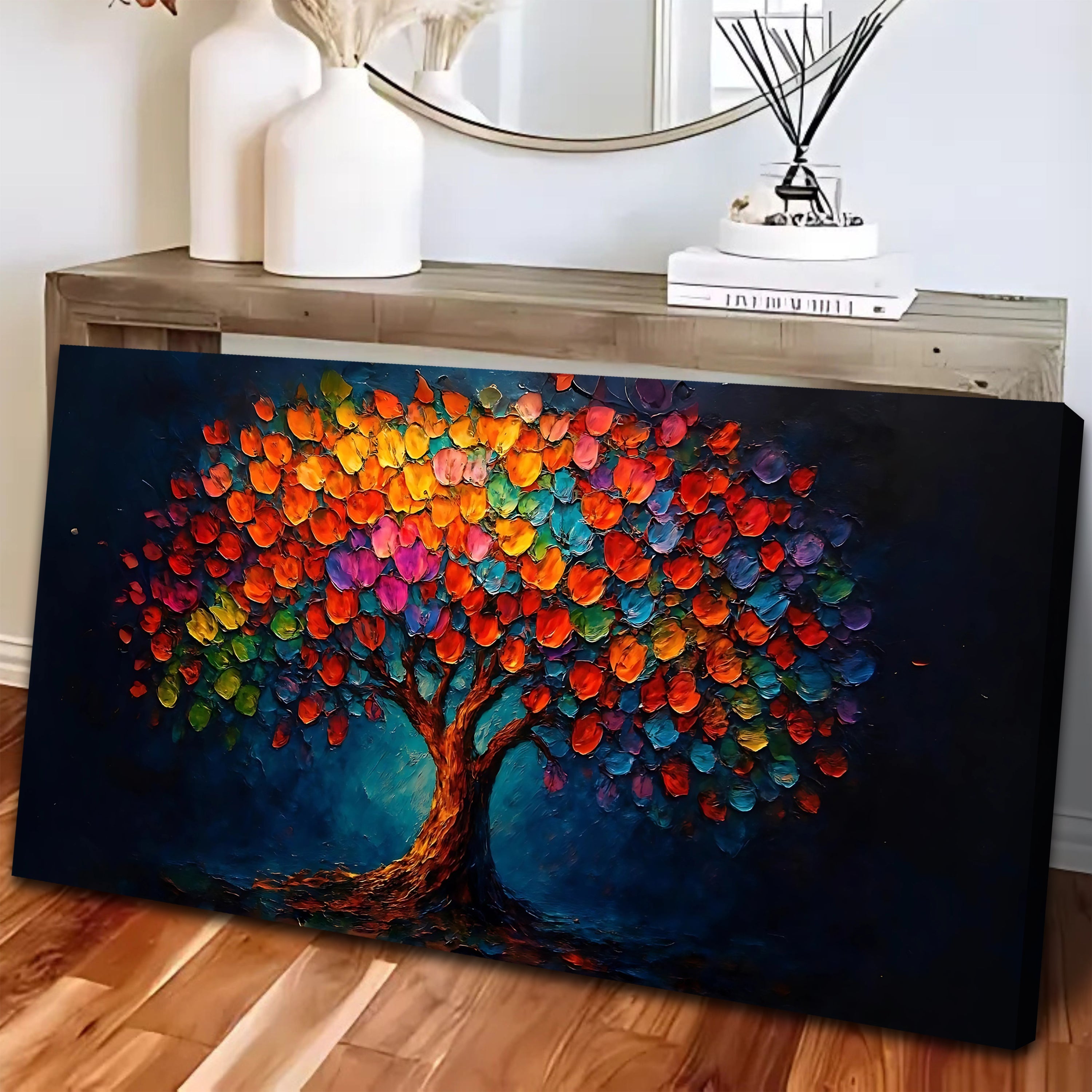 Colorful rainbow bloom canvas wall art by Tailored Canvases featuring vibrant floral design on textured canvas background.