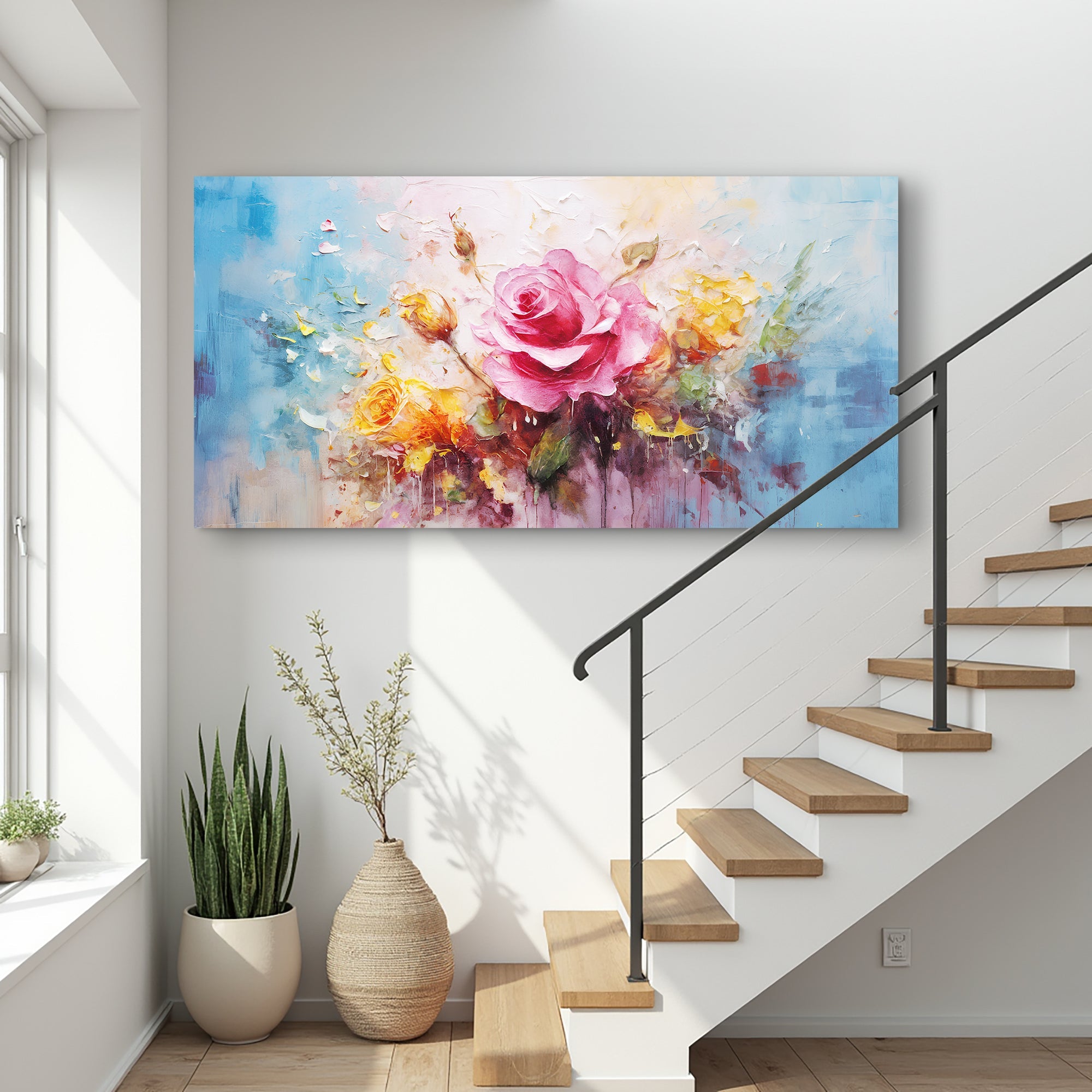 Colorful rose flower wall art on canvas by Tailored Canvases, featuring vibrant pink and red roses for home decor.