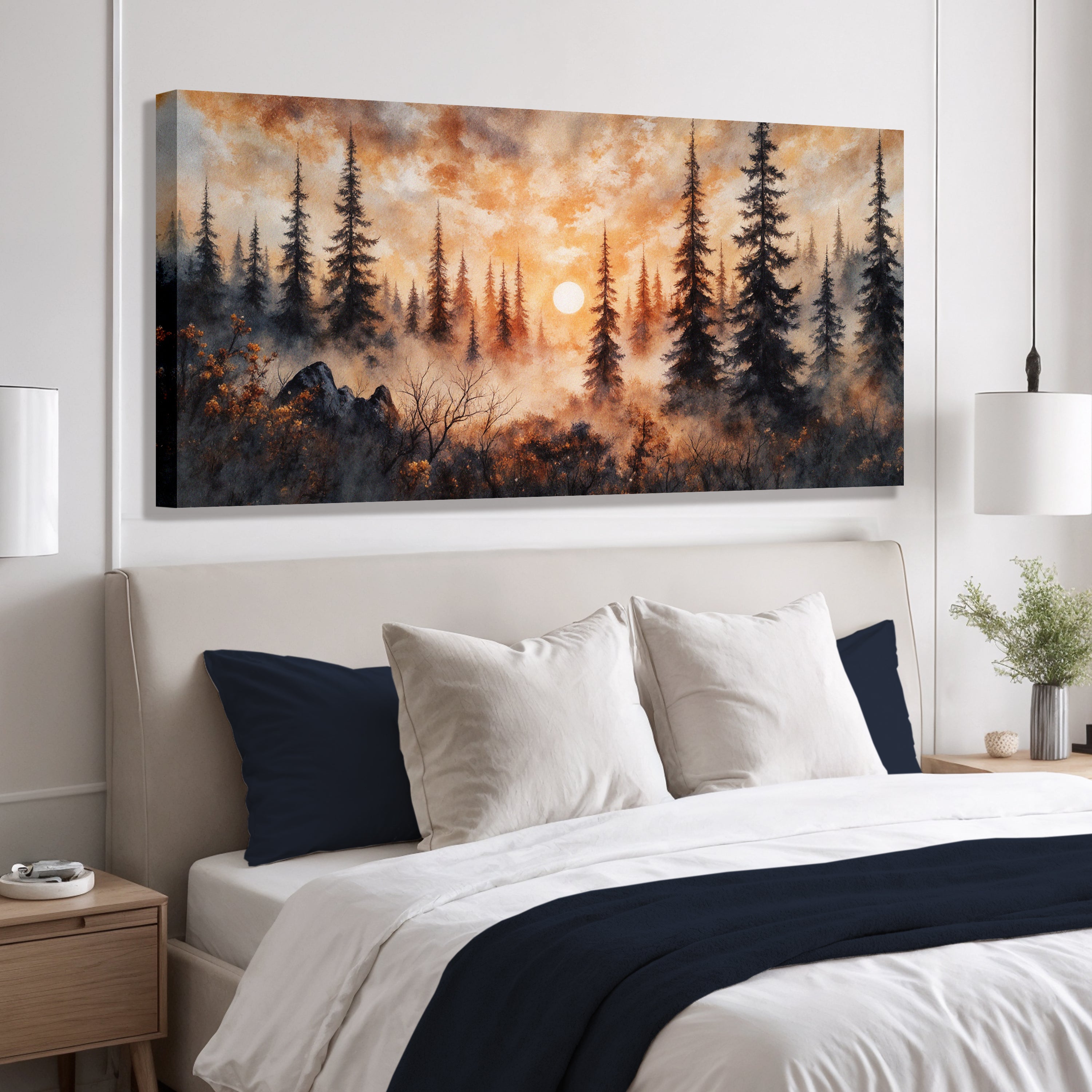 Rustic forest sunset canvas wall art by Tailored Canvases featuring warm tones and a scenic woodland sunset scene.