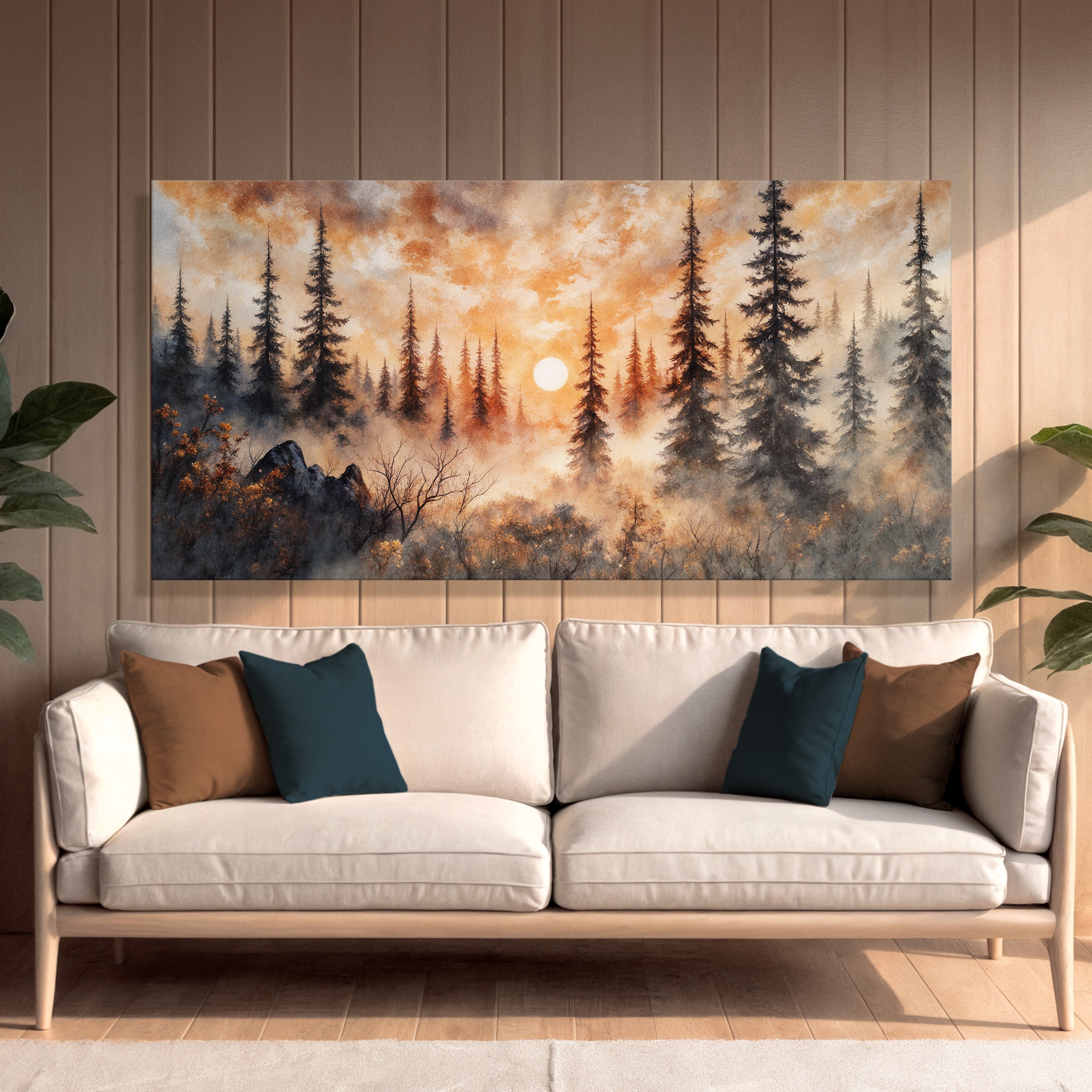 Rustic forest sunset wall art on canvas, featuring warm sunset hues and natural woodland scenery by Tailored Canvases.