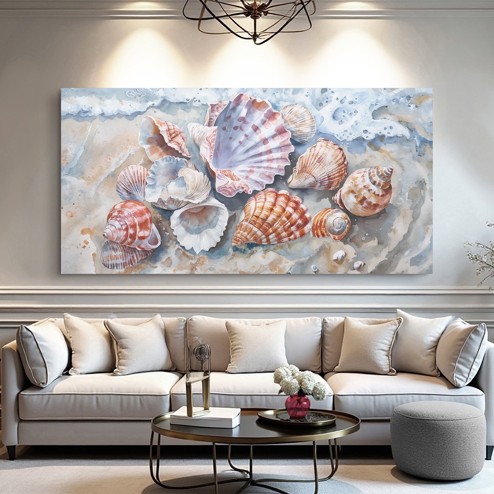 Modern coastal wall art canvas featuring seashell designs by Tailored Canvases for beach-inspired home decor.