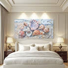 Modern coastal wall art canvas featuring sea shells, designed by Tailored Canvases for beach-inspired home decor.