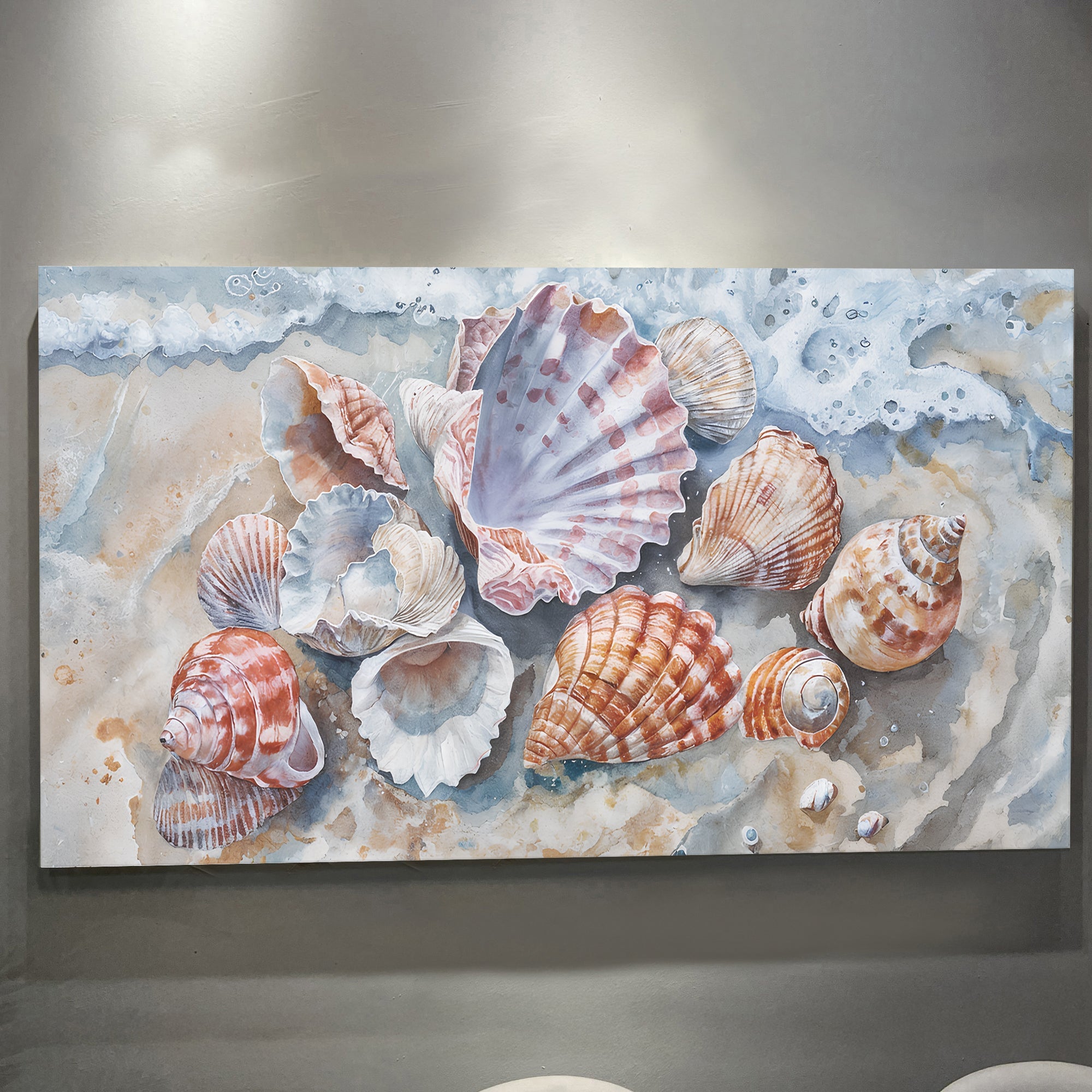Modern coastal wall art canvas featuring seashells, designed for a stylish seaside-inspired decor display.