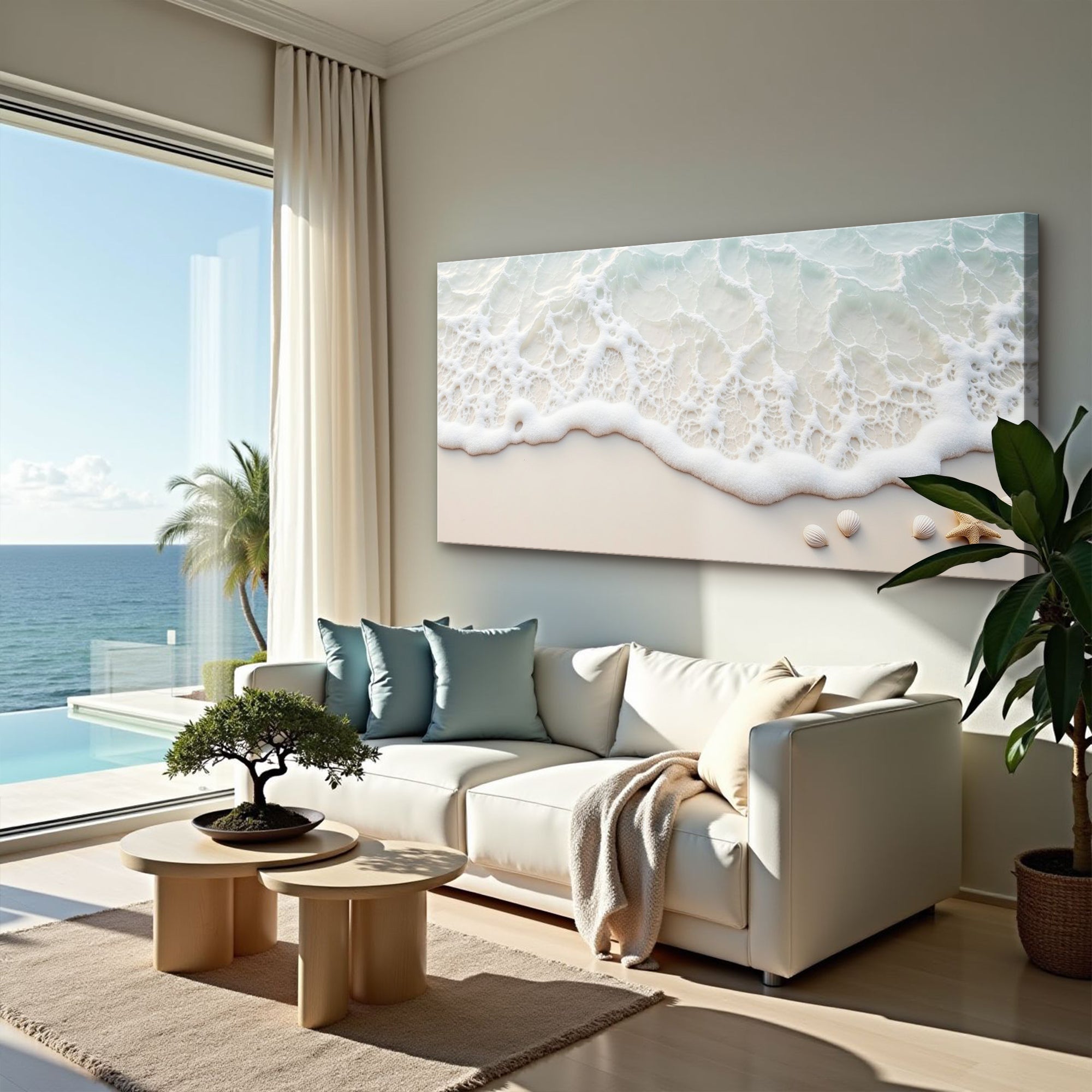 Serene ocean wave coastal wall art on canvas by Tailored Canvases, featuring a calming ocean scene with blue waves and coastal landscape.