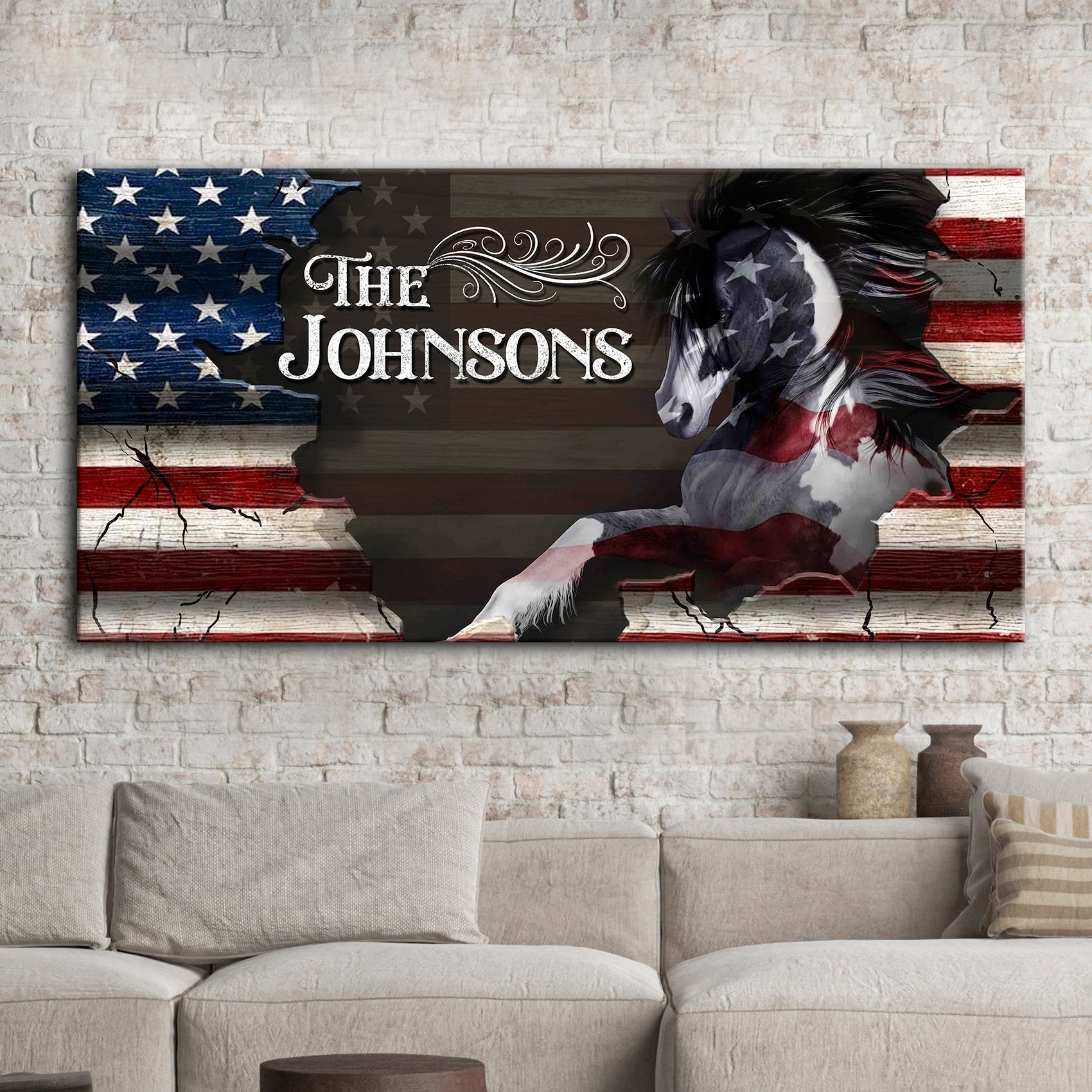 American horse wall art canvas featuring family name sign, crafted by Tailored Canvases, with detailed horse and elegant design.