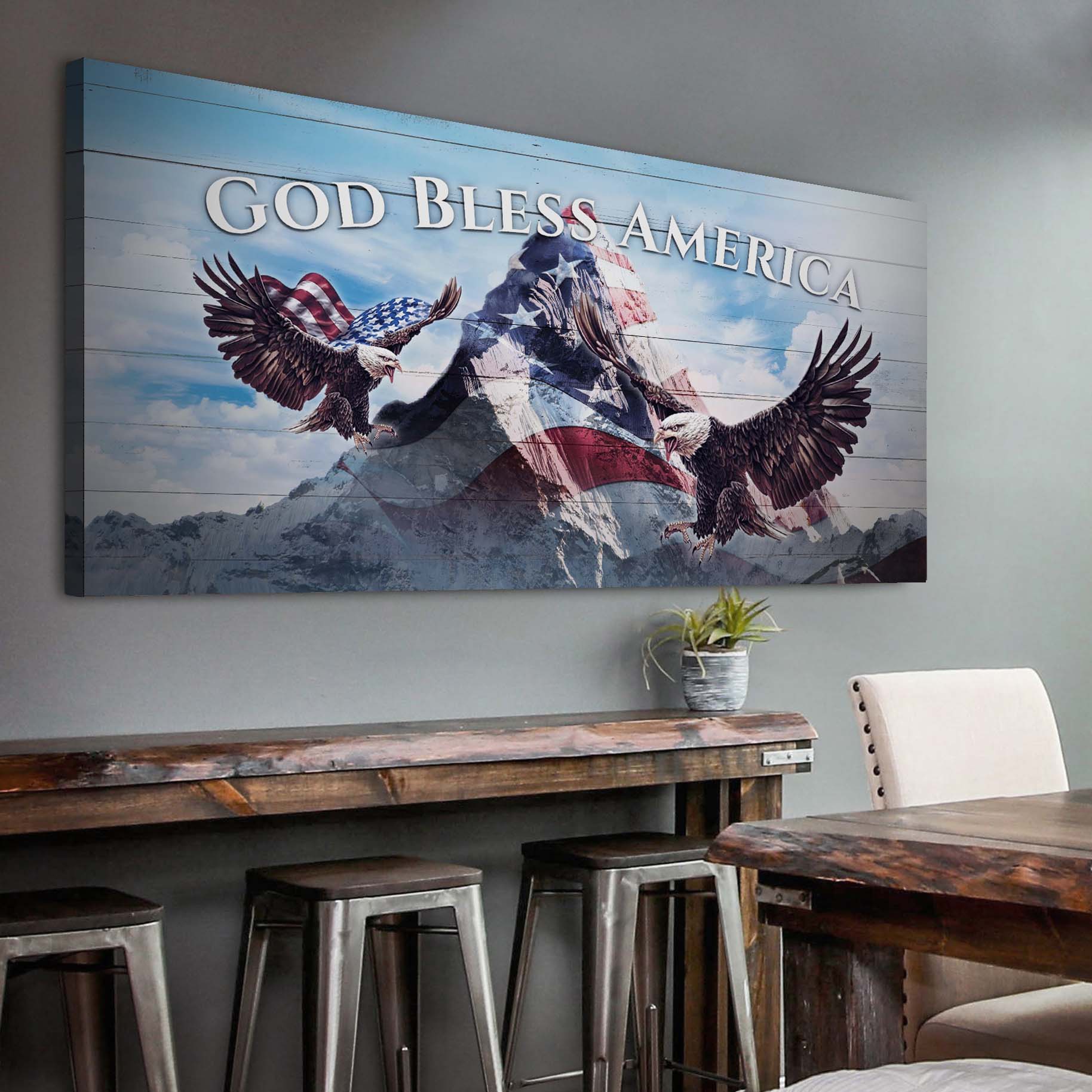 Canvas wall art featuring a "God Bless America" sign by Tailored Canvases with patriotic design and vibrant colors.