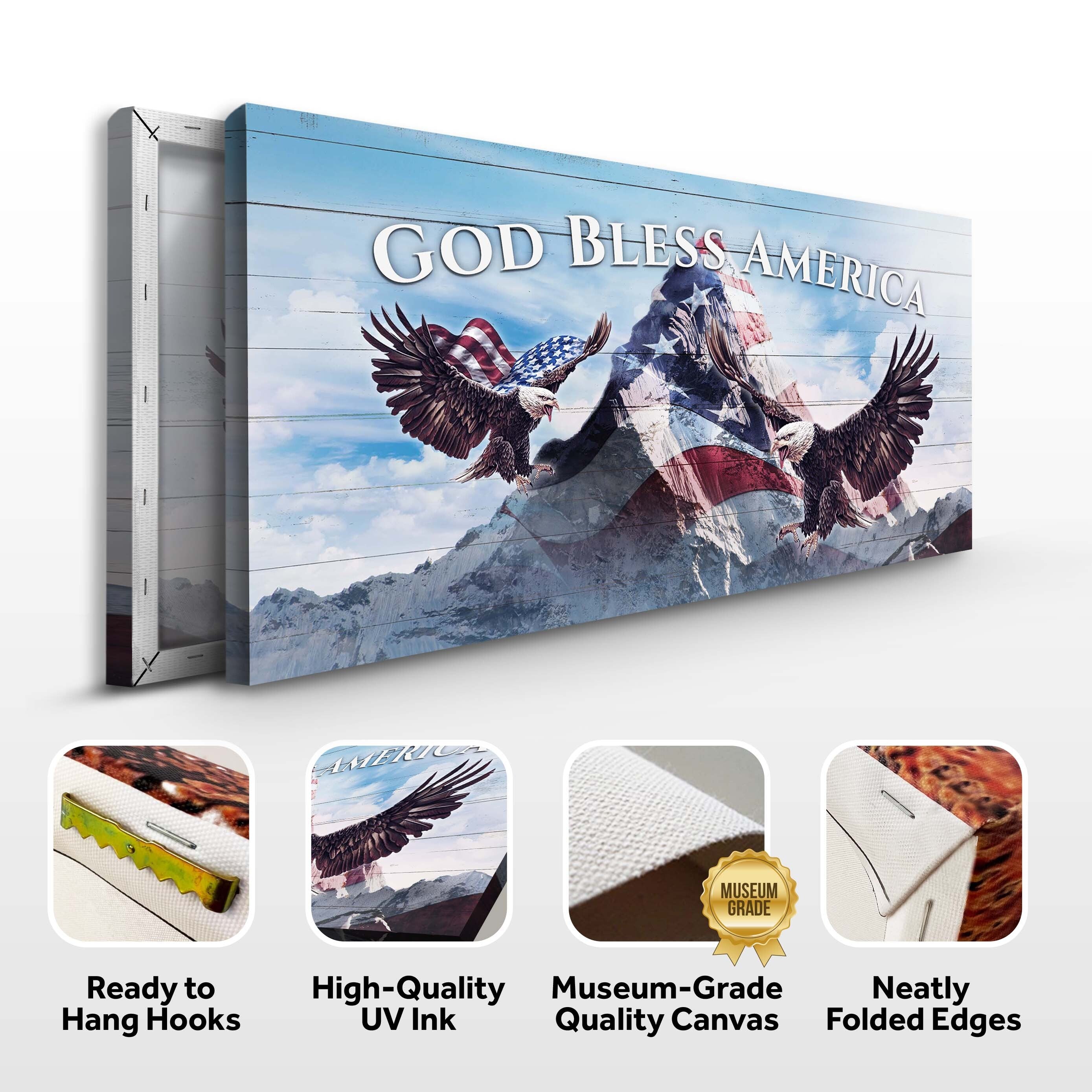 Canvas wall art featuring the "God Bless America" sign by Tailored Canvases, with patriotic design and bold lettering.