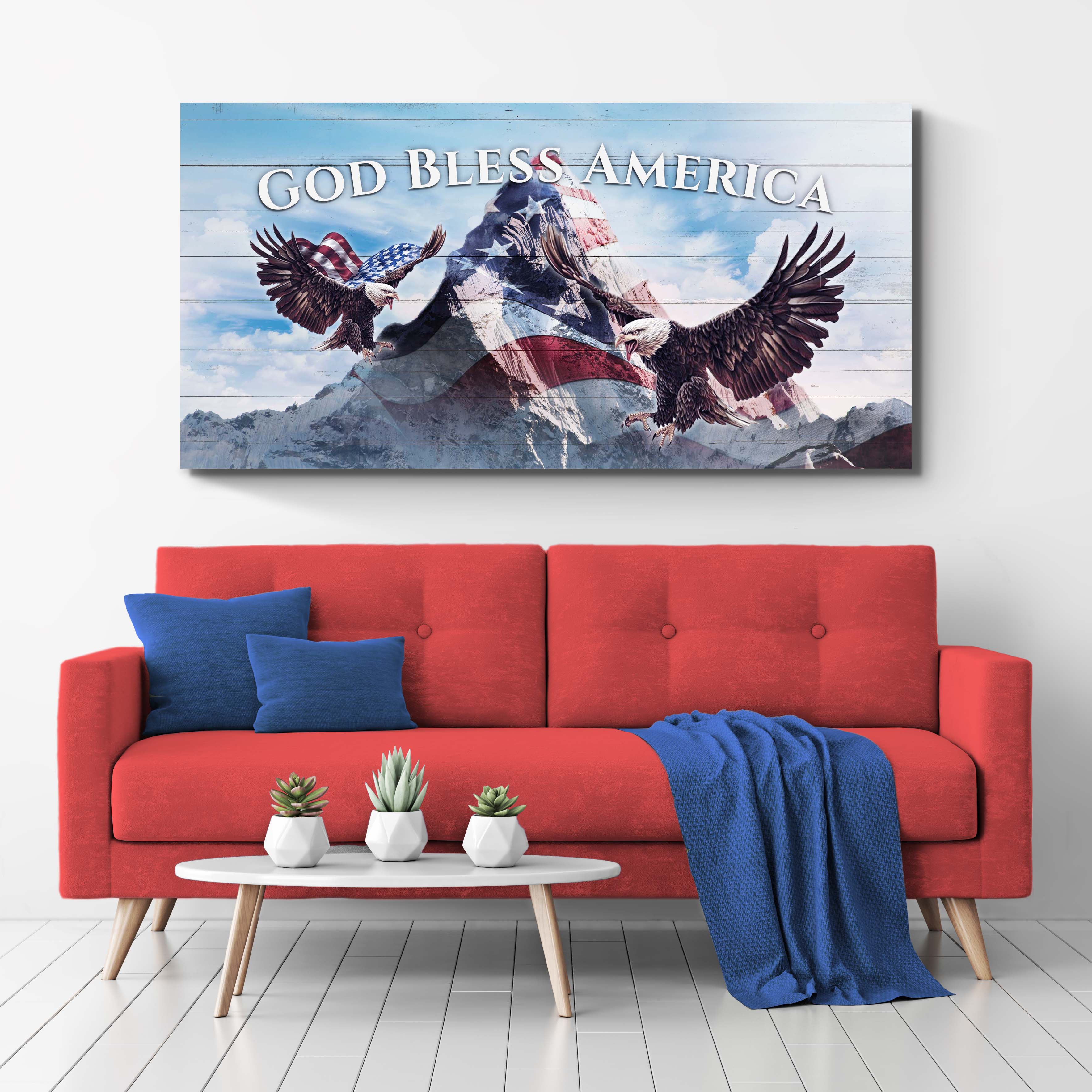 God Bless America canvas sign by Tailored Canvases, featuring patriotic design on textured canvas for wall decor.