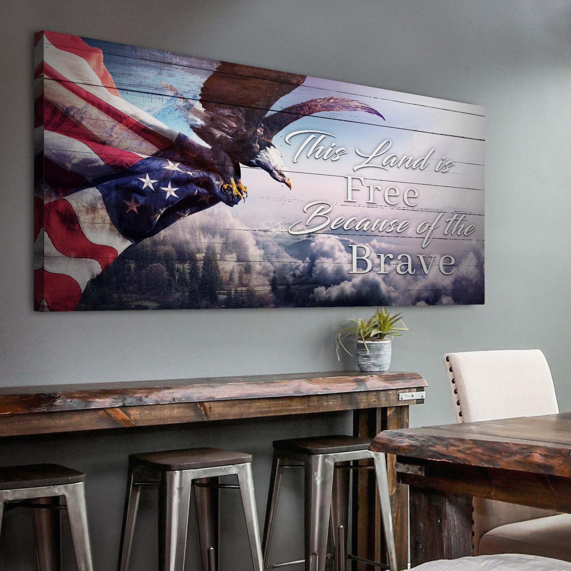 Canvas wall art featuring a "God Bless America" design by Tailored Canvases, showcasing patriotic imagery on a textured canvas surface.