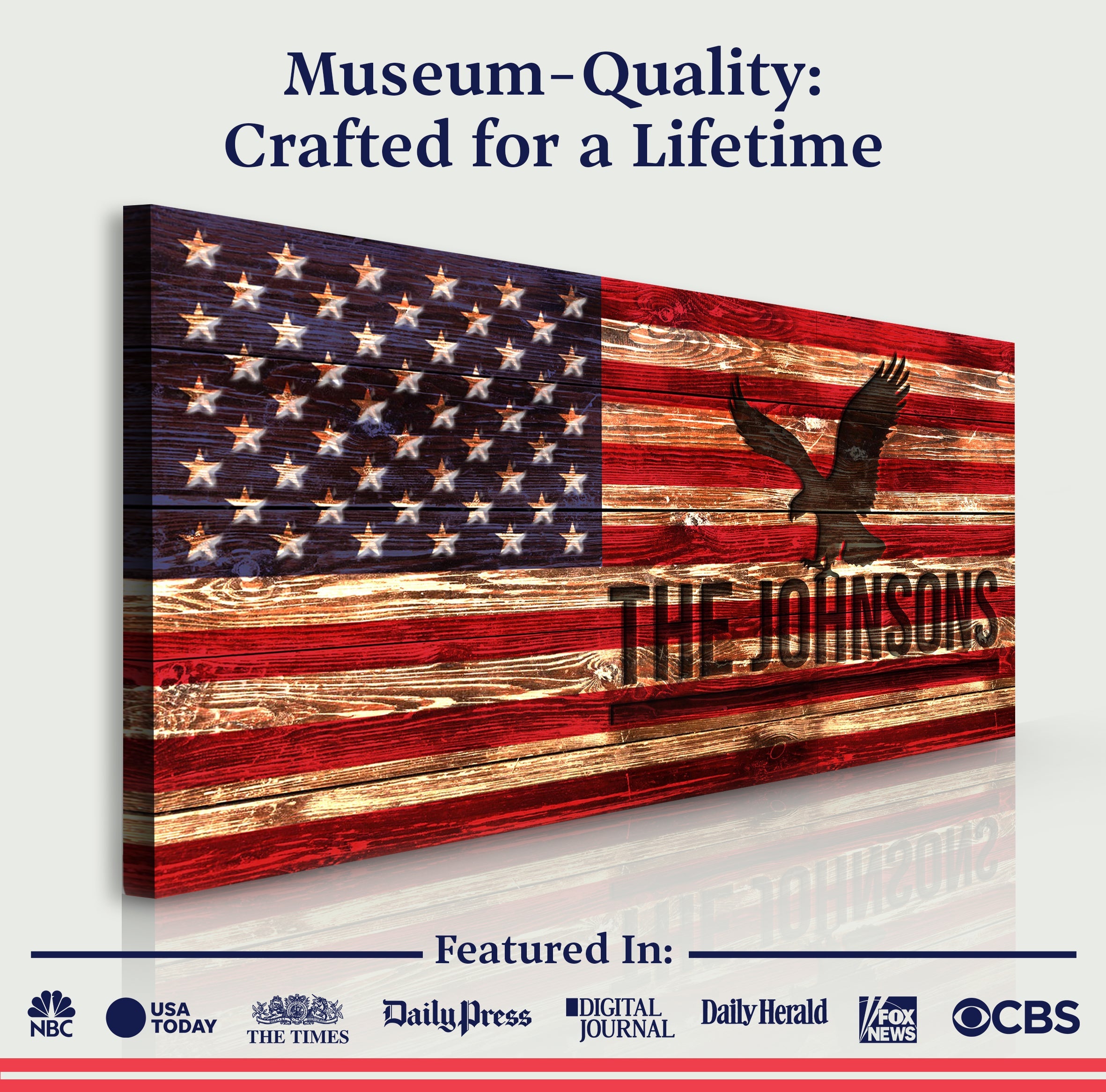 Museum-quality canvas featuring a rustic American flag design and family name, perfect for patriotic home decor.