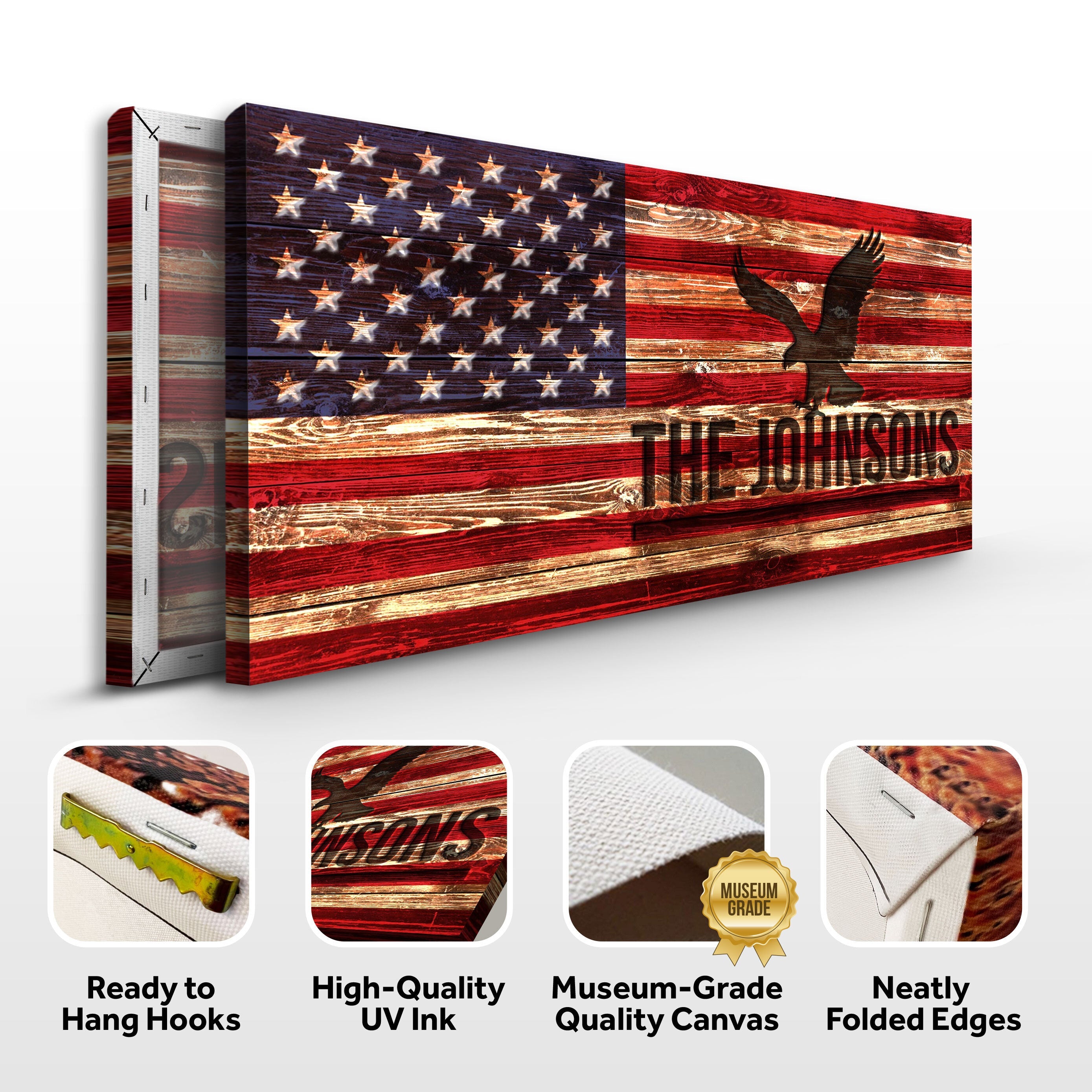 Rustic American flag family name sign printed on canvas by Tailored Canvases, featuring a patriotic design with customizable family name.