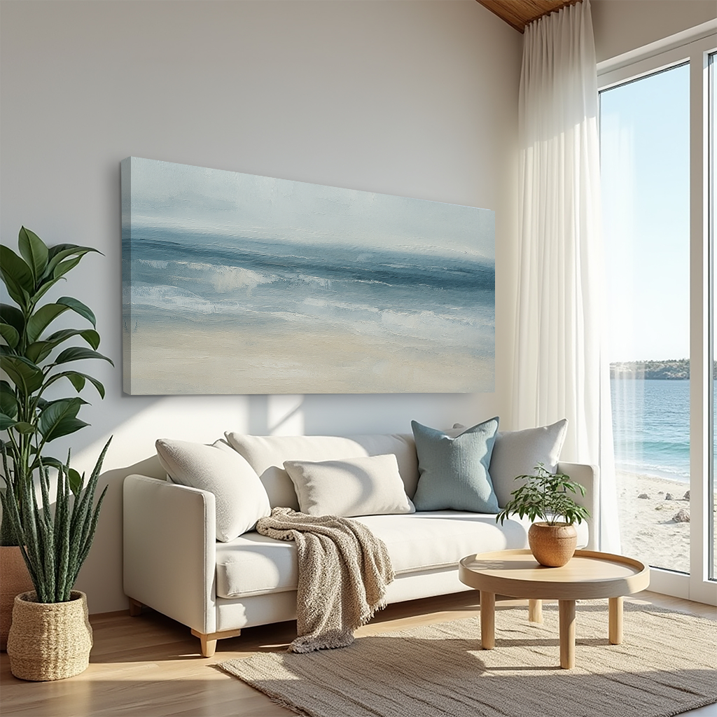 Abstract waterscape canvas wall art by Tailored Canvases featuring flowing blue and green hues, modern ocean-inspired design.