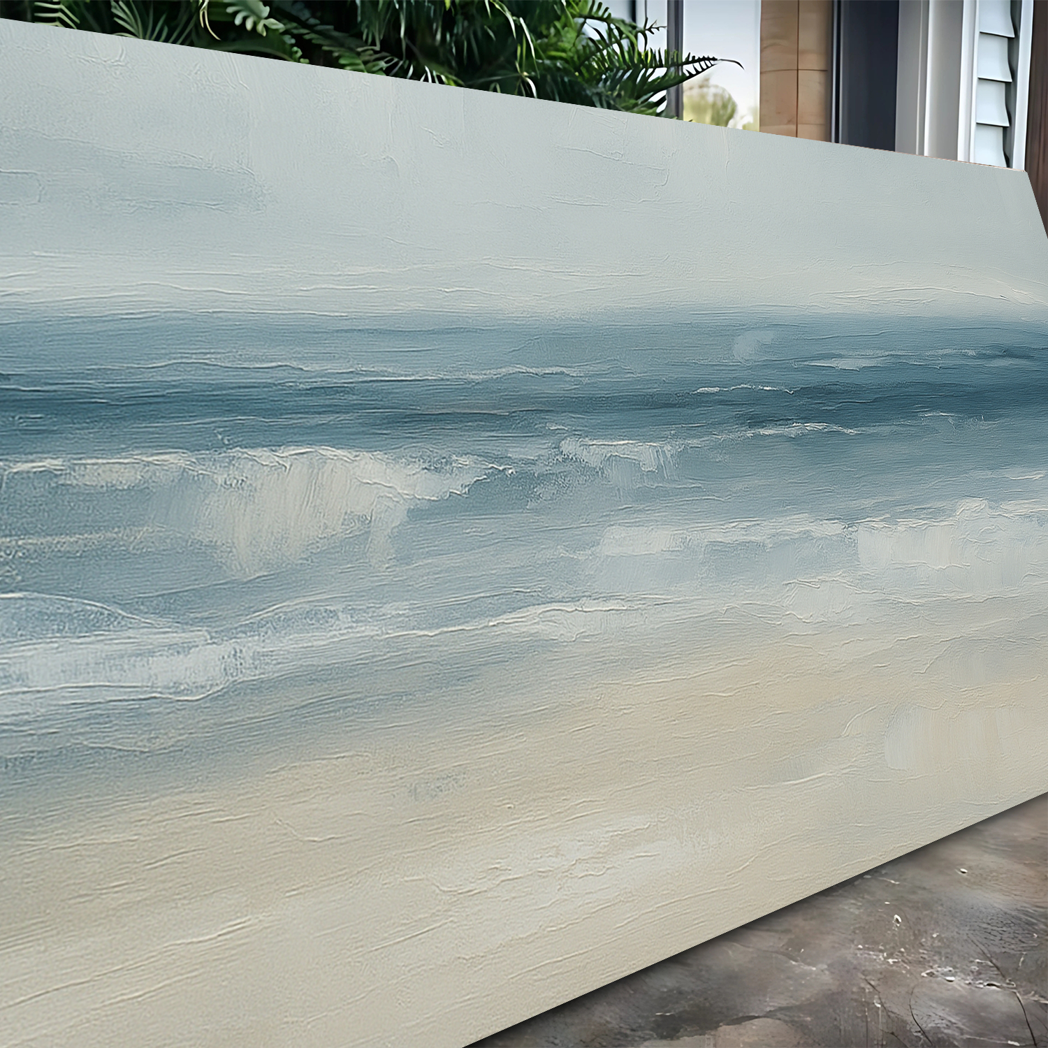 Abstract waterscape canvas wall art by Tailored Canvases, featuring flowing blue and green watercolor-like design on a textured surface.
