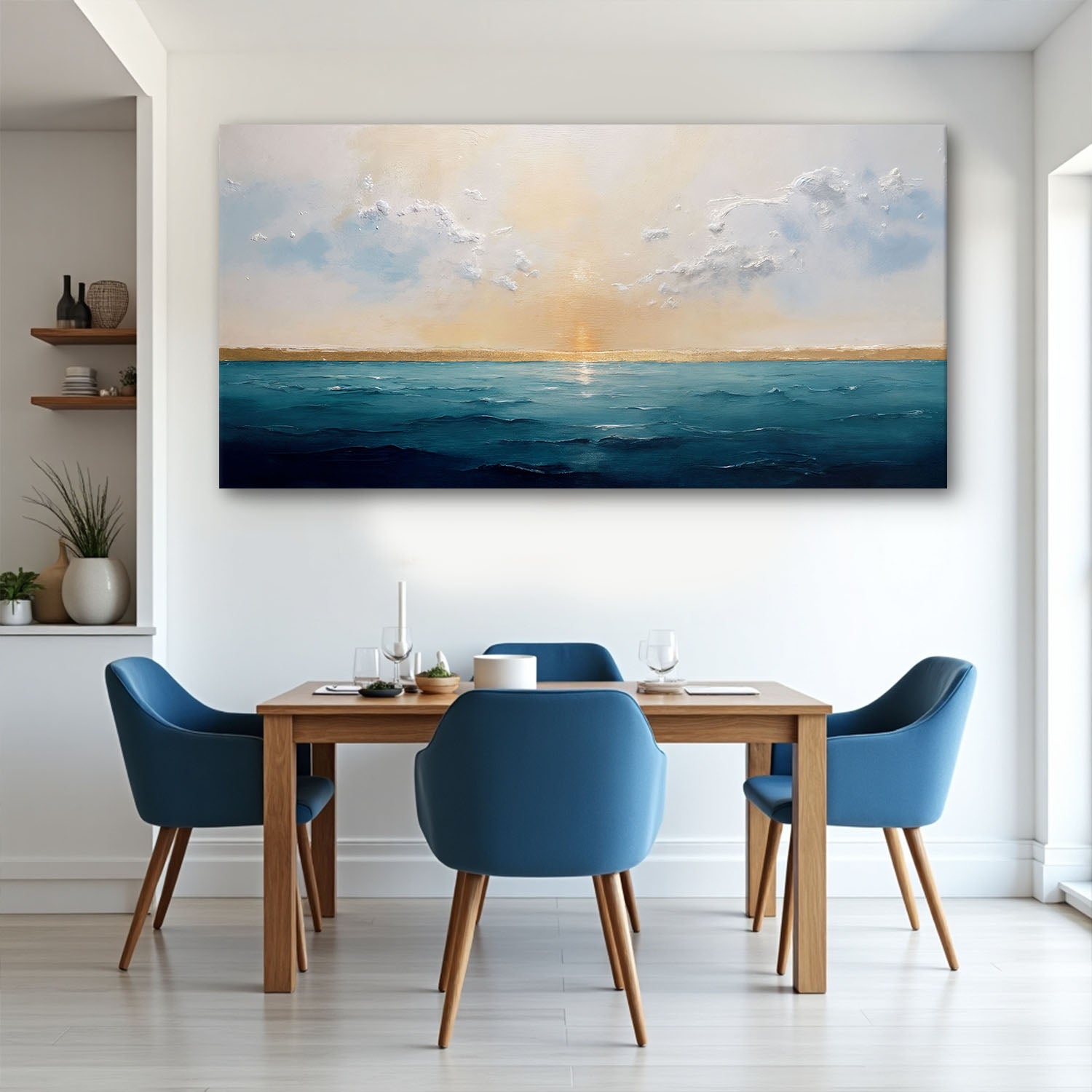 Abstract waterscape canvas wall art by Tailored Canvases featuring vibrant blue and green watercolor-style design.