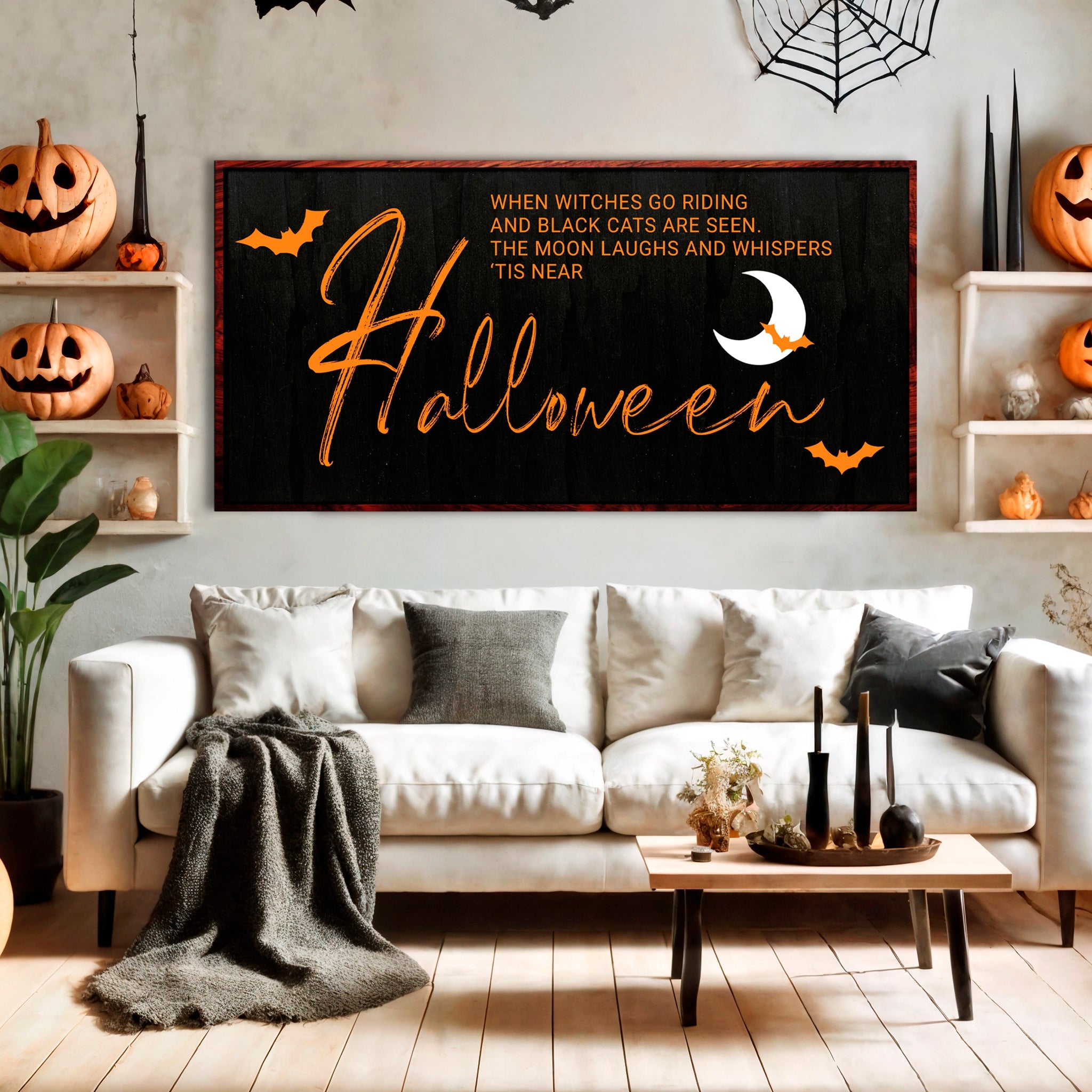 Halloween wall sign canvas featuring witches illustration, perfect for spooky Halloween decor by Tailored Canvases.
