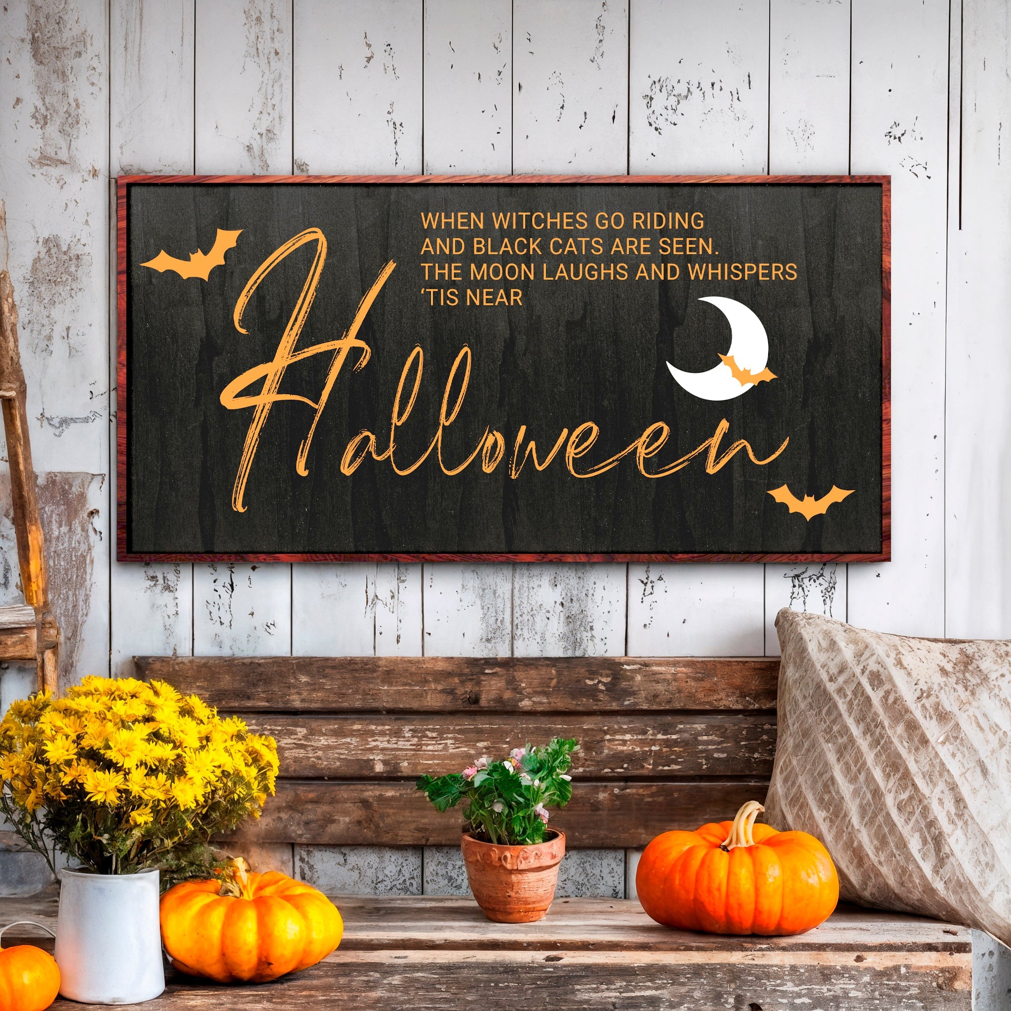 Halloween wall sign by Tailored Canvases featuring a spooky witch design on a canvas wall decor for fall or Halloween.