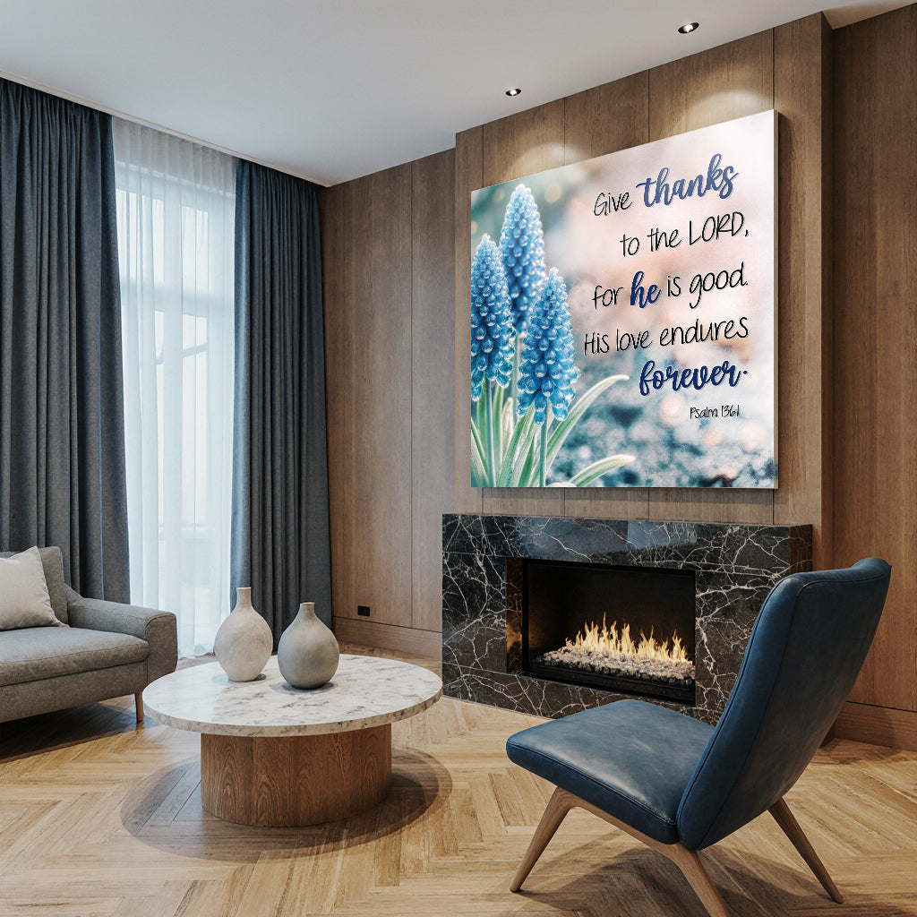 Canvas wall sign featuring Psalm 136:1 "Give Thanks To The Lord" with elegant lettering, designed by Tailored Canvases.
