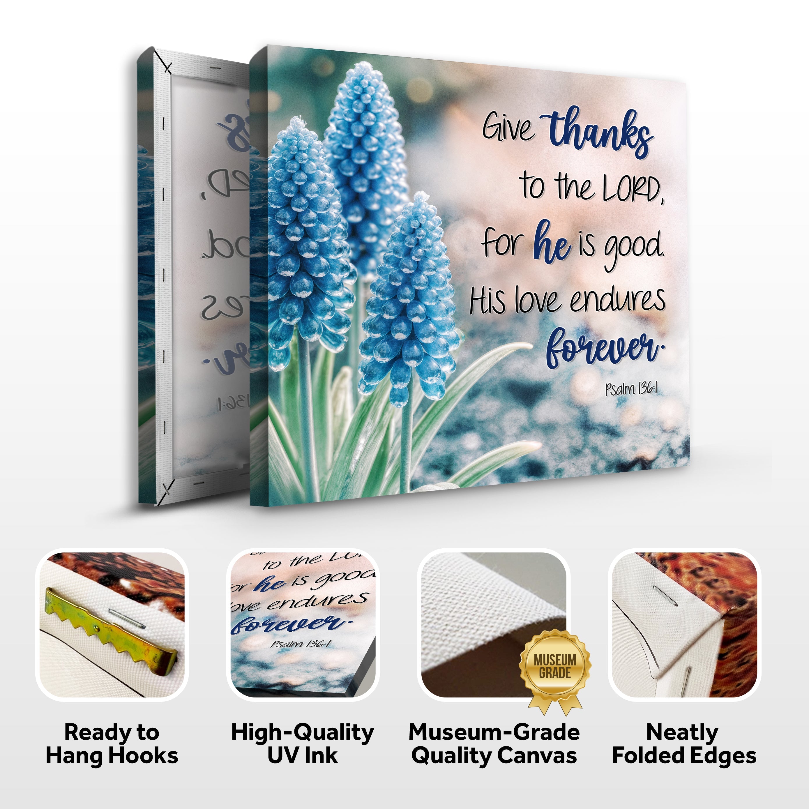 Canvas wall sign featuring Psalm 136:1 "Give Thanks To The Lord" with elegant typography, designed by Tailored Canvases.