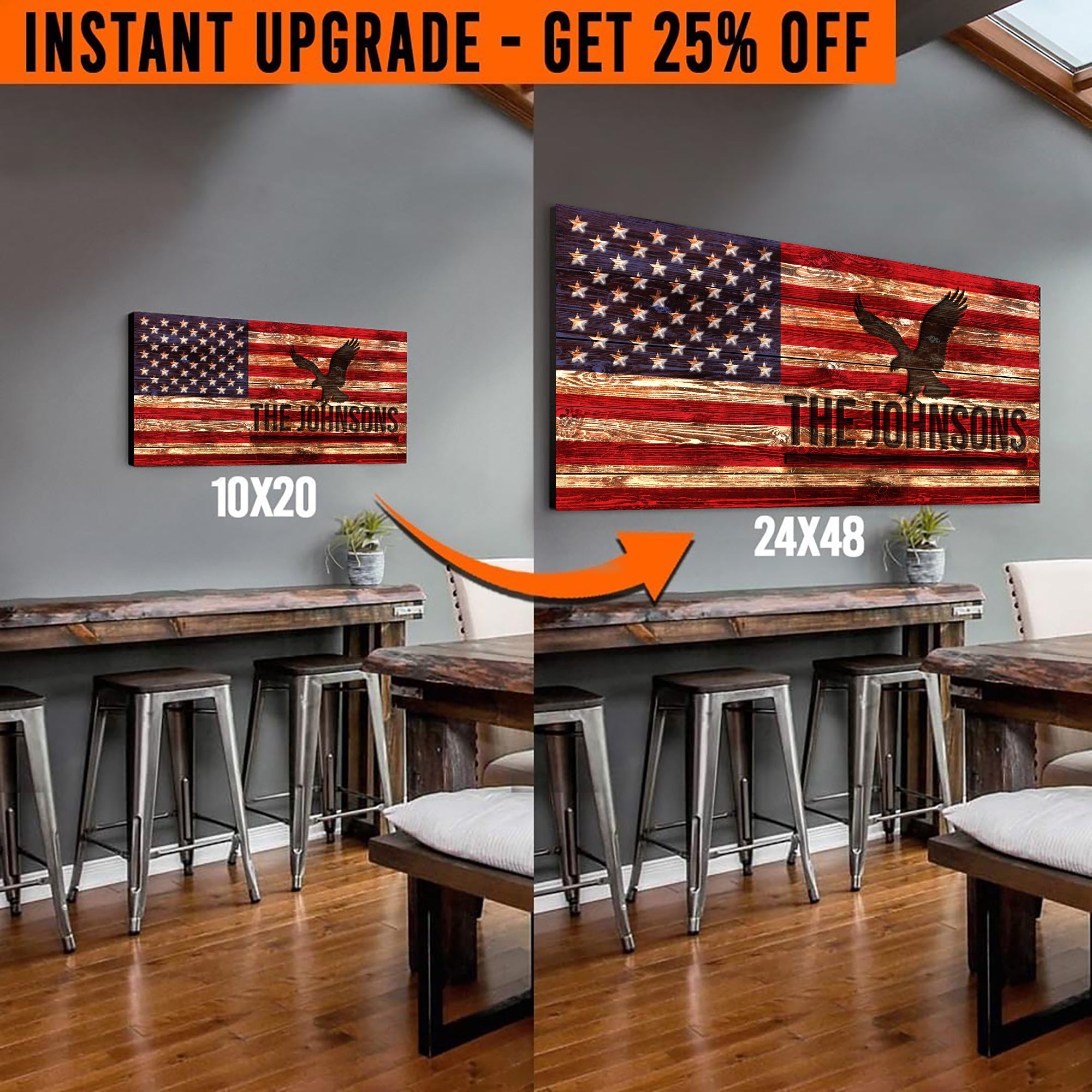 Rustic American Flag craft canvas in 20x10 inches, upgraded to 24x48 inches by Tailored Canvases, featuring detailed flag design.