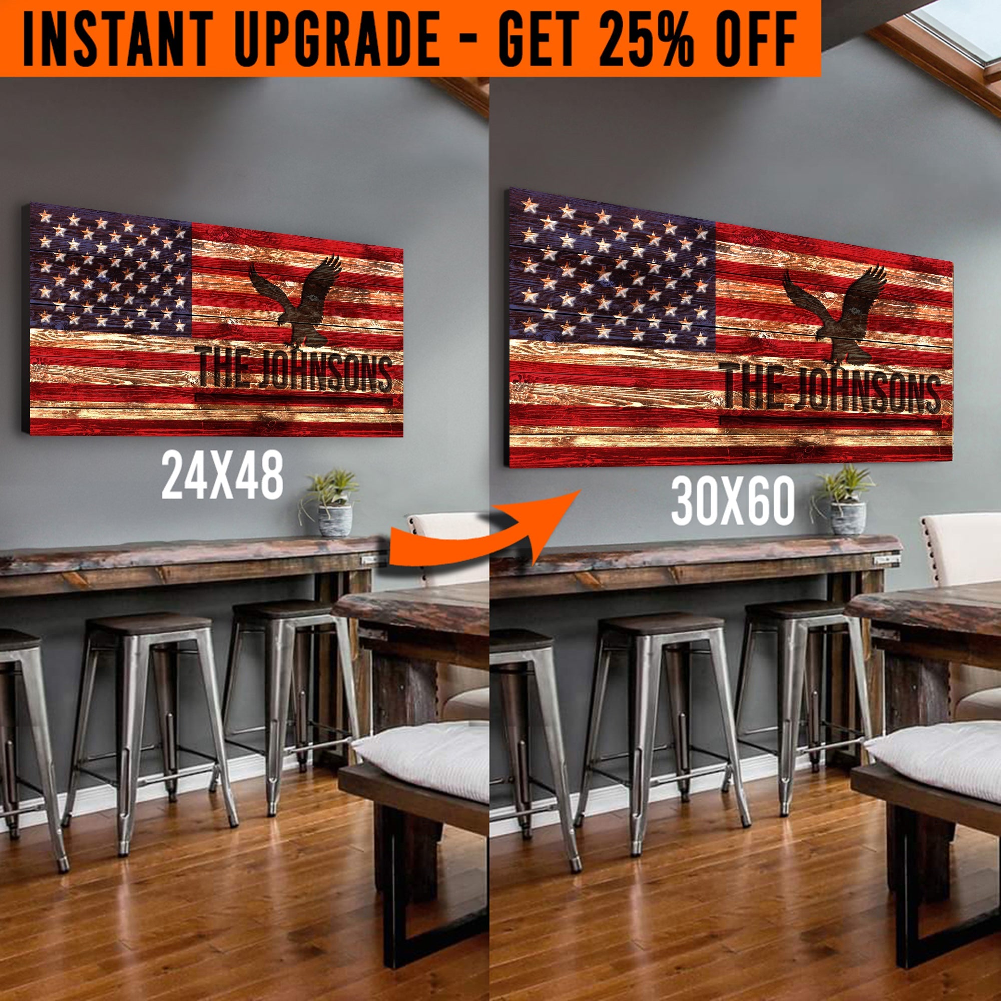 Crafting canvas featuring a rustic American flag design in 24x48 inches, upgraded to 60x30 inches, by Tailored Canvases.