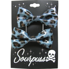 Set of two blue leopard glitter hair bows by Sourpuss, rockabilly hair clips with leopard print design, stylish hair accessories.