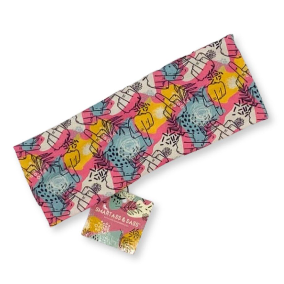 Colorful stretch headband with hidden middle fingers design, fun hair accessory from The Bullish Store featuring bold, playful style.