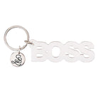 Clear acrylic Boss word keychain from The Bullish Store, transparent and word-shaped keyholder with a keyring attachment.