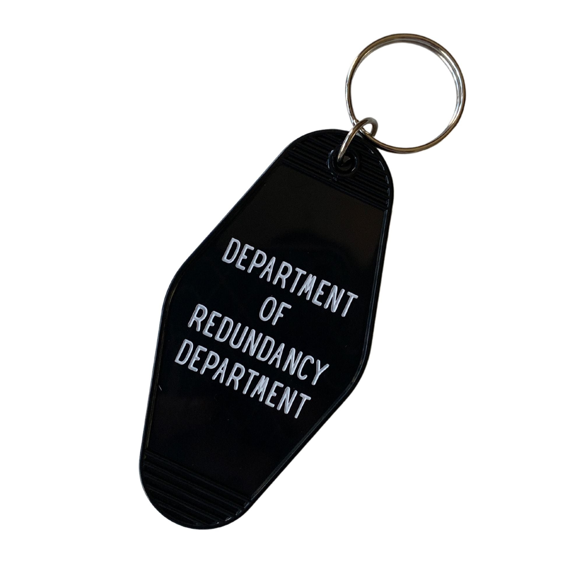 Black Motel Style keychain from the Department of Redundancy Department, featuring a humorous logo and durable metal design.