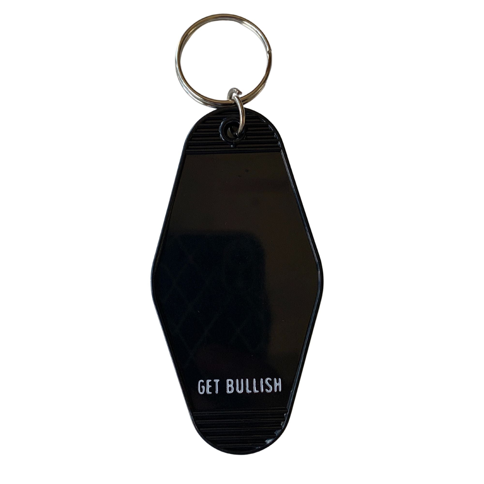 Black Department of Redundancy Department Motel Style keychain with metal loop and engraved logo for fans of quirky accessories.