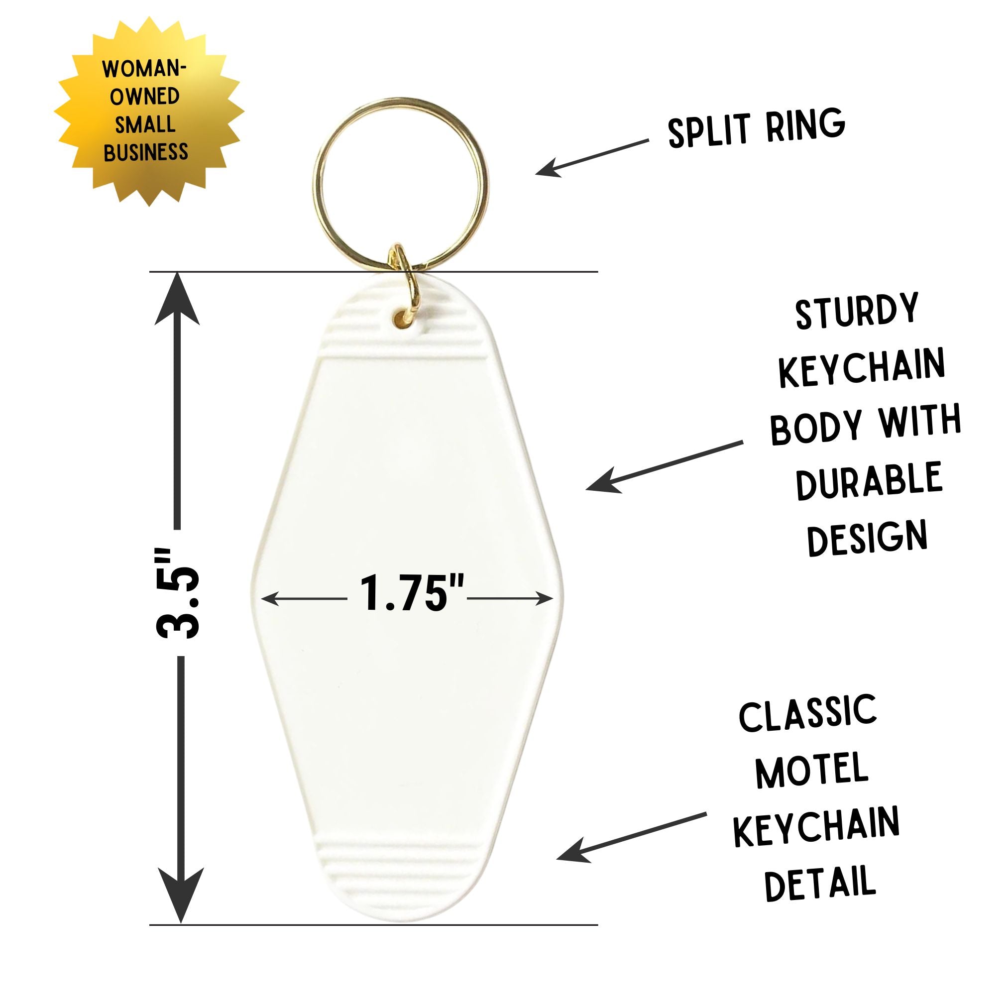 Black Motel Style Keychain from the Department of Redundancy Department, featuring bold lettering and durable metal construction.