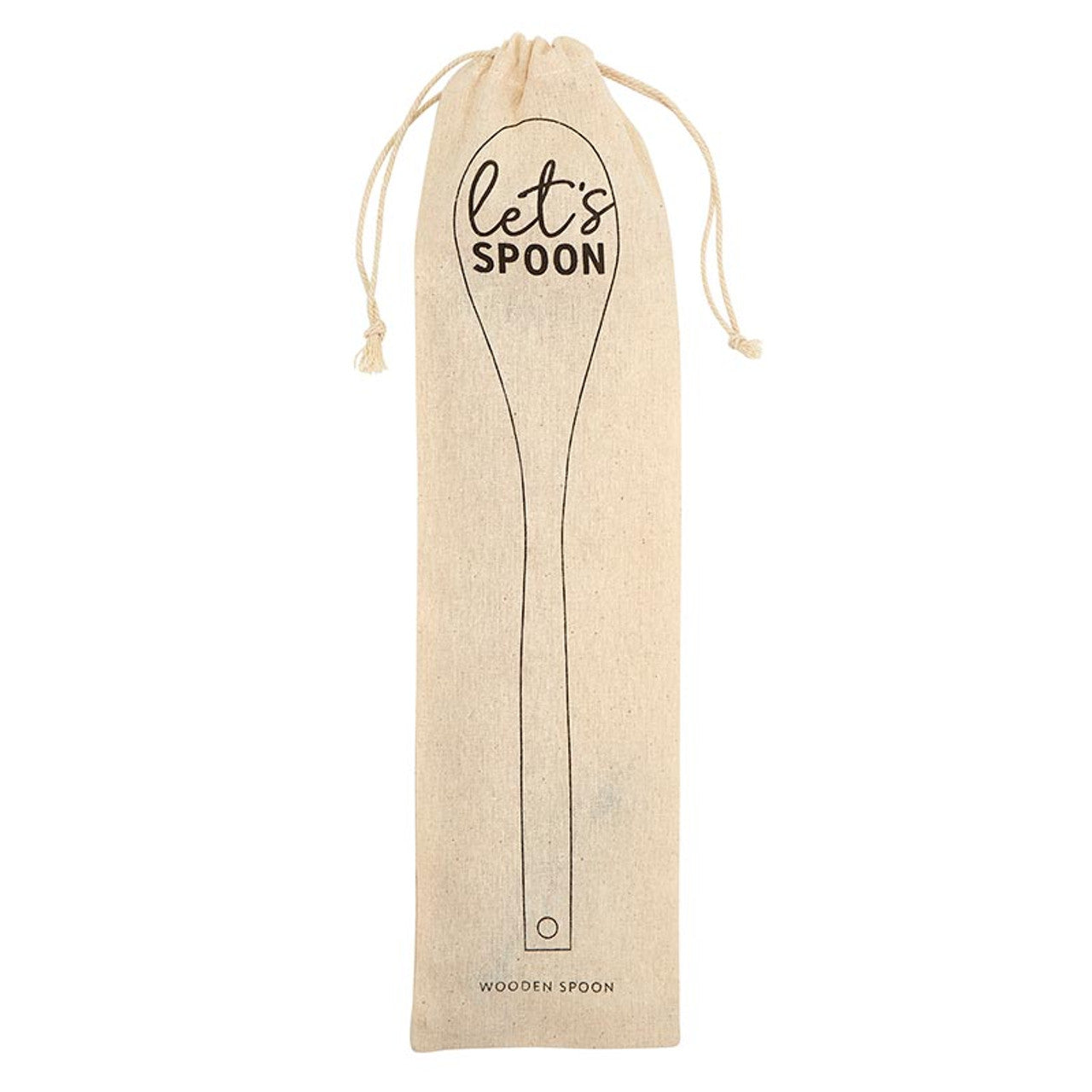 Let's Spoon beech wood cooking spoon with cute sayings, presented in a canvas gift bag, perfect for kitchen utensils.