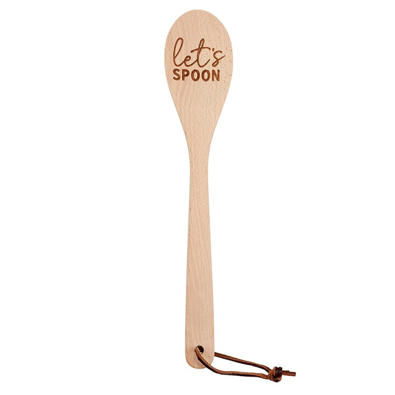 Let's Spoon beech wood cooking spoon with fun sayings, displayed in a canvas gift bag, perfect for kitchen utensils and gift ideas.