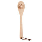 Let's Spoon beech wood cooking spoon with fun sayings, displayed in a canvas gift bag, perfect for kitchen utensils and gift ideas.