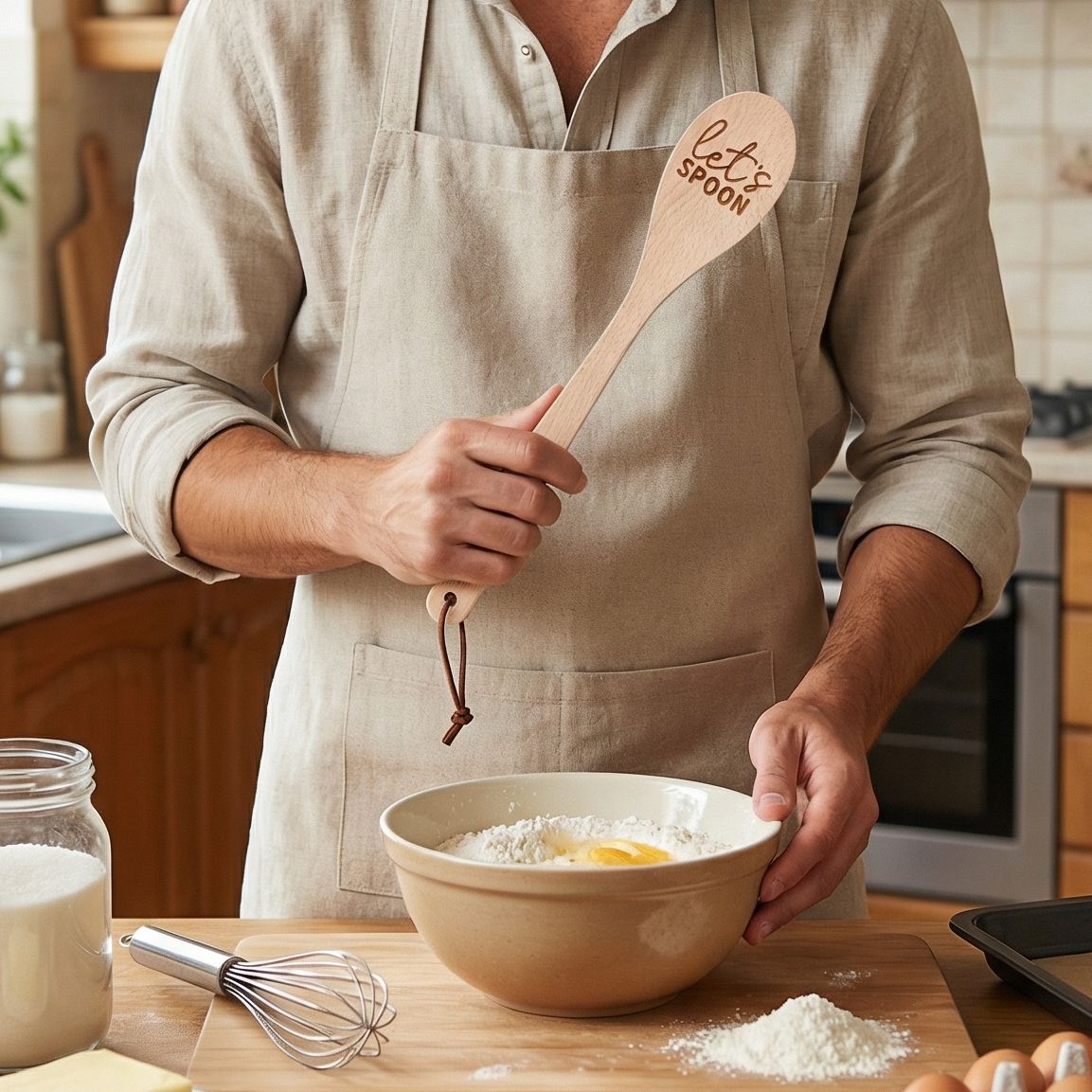 Let's Spoon beech wood cooking spoon with sayings, displayed in a canvas gift bag, perfect for kitchen utensils and gift sets.
